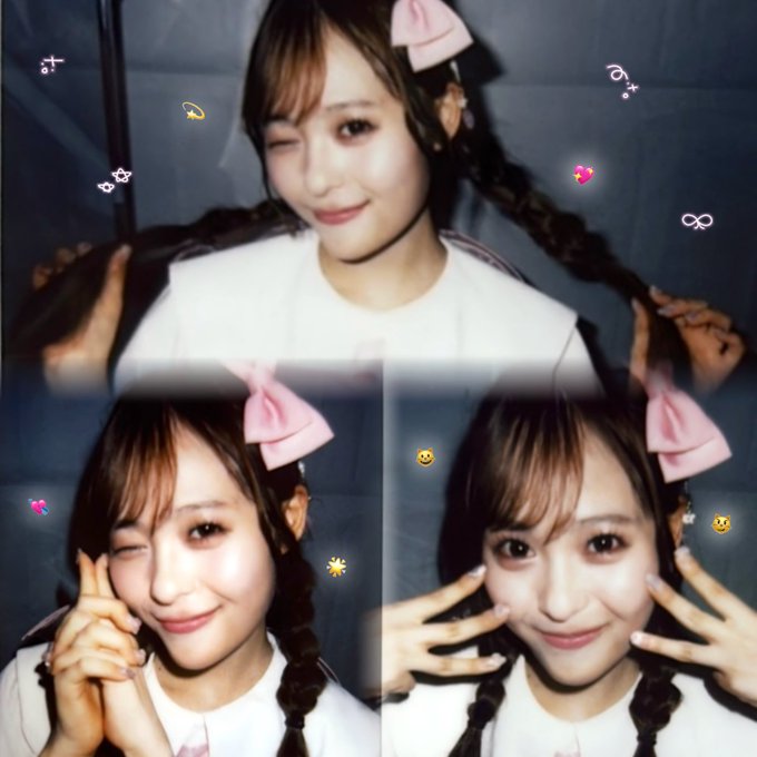 A three-panel photo collage of a young woman with brown braided pigtails and pink bows, winking and posing with peace signs, decorated with cute stickers and emojis.