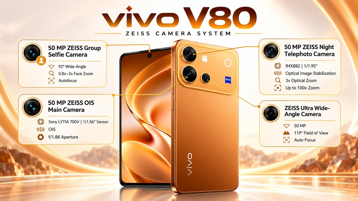 hsrox43's tweet photo. CONFIRMED 🚨 vivo V80 is launching in India on October 6! 🇮🇳🔥

✅ ZEISS Camera System
✅ 4K Cinematic Video
✅ 7200mAh Battery
✅ OriginOS 7
✅ 144Hz AMOLED Display

Camera lovers, this one could be interesting 👀📸
#vivoV80 #vivo #ZEISS #SmartphoneLaunch #TechNews https://t.co/fjDw9fj697