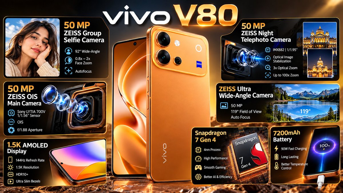hsrox43's tweet photo. CONFIRMED 🚨 vivo V80 is launching in India on October 6! 🇮🇳🔥

✅ ZEISS Camera System
✅ 4K Cinematic Video
✅ 7200mAh Battery
✅ OriginOS 7
✅ 144Hz AMOLED Display

Camera lovers, this one could be interesting 👀📸
#vivoV80 #vivo #ZEISS #SmartphoneLaunch #TechNews https://t.co/fjDw9fj697