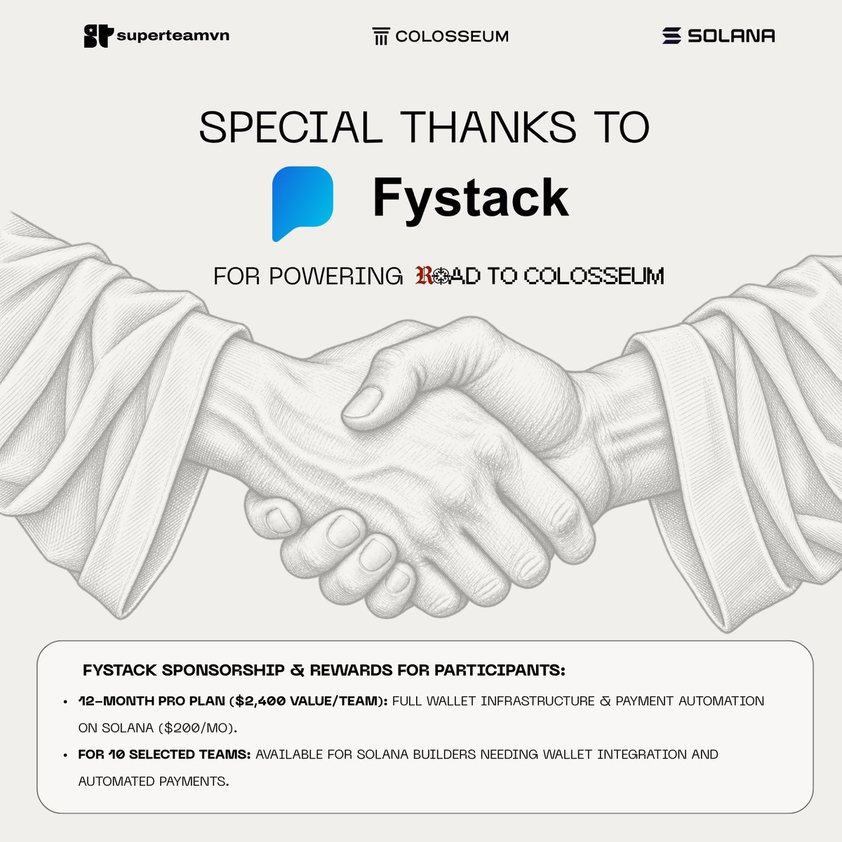 SuperteamVN's tweet photo. 4/ Building with wallets and automated payments? 💳

@fystack is offering 10 selected Solana teams a 12-month Pro Plan, valued at $2,400 per team. It includes wallet infrastructure and payment automation on Solana.

Thank you for helping builders turn payment flows into working products.