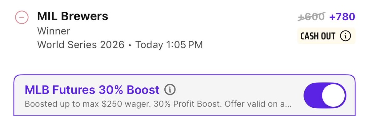 BoostKingX's tweet photo. MLB Futures 30% Boost 

1 U
Fair value +532 

Milwaukee Brewers to win World Series https://t.co/iWZ7kW0jzT
