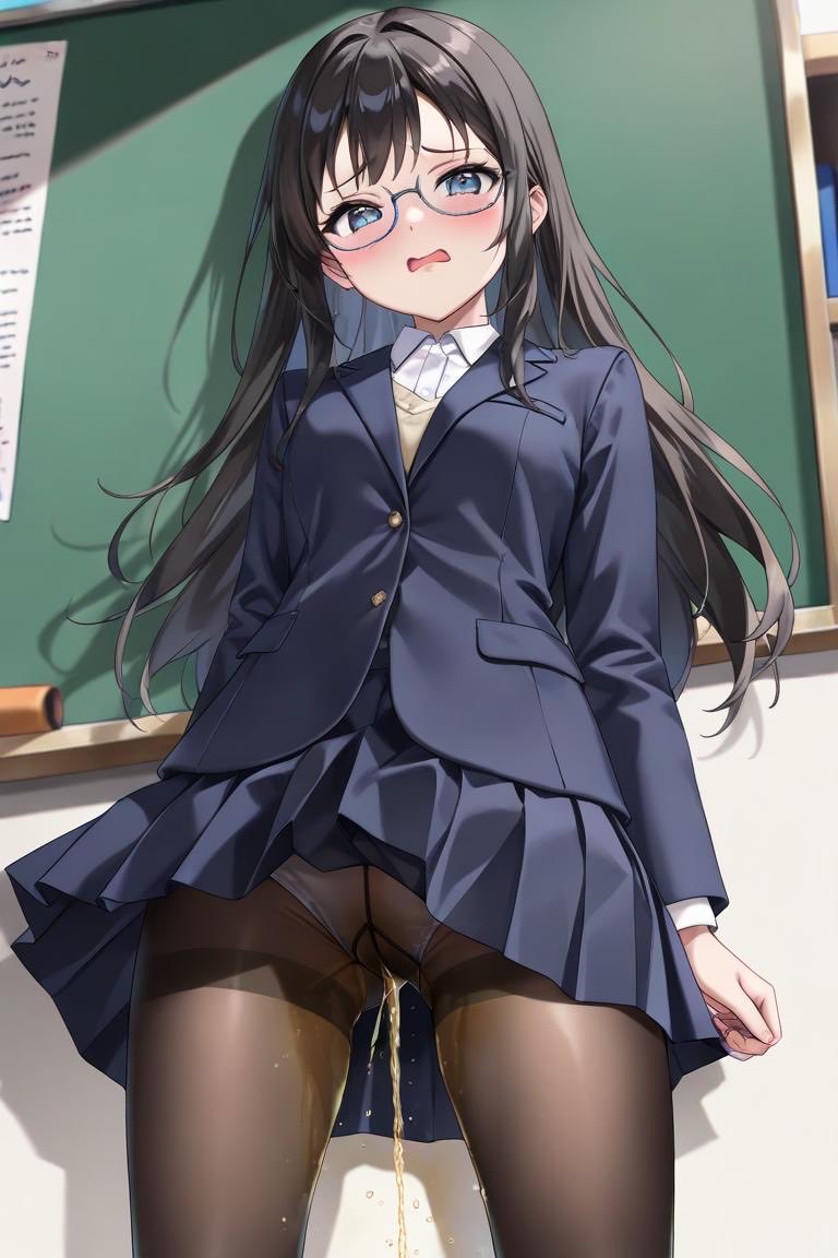 farcle3991661's tweet photo. パンストの優等生 ―教室で、また漏らしちゃう―

第1章　授業中の、熱い我慢
篠原葵は三列目の席に座っていた。紺のブレザーにプリーツスカート。そして今日も、黒いパンスト。
膀胱はすでに限界だった。授業開始から四十分、下腹部が重く熱く脈打つ。太ももを閉じても、パンストの内側だけがじわじわ湿っていく。
「……んっ」
隣の男子がちらりと見る。葵は慌ててノートに目を落とす。眼鏡の奥の青い瞳が潤んでいることには、誰も気づかない。
今立ち上がれば、スカートの下でパンストが薄く透け始めているのがバレる。我慢するしかない。
そう決めた瞬間、下腹部がきゅっと収縮した。

第2章　机の上で、糸を引く
自習の隙に立ち上がろうとして、腰を浮かせただけで熱いものが少し漏れた。パンストの股間が一気に熱を帯びる。
「……だめ」
机の上に座り込む。膝が自然と開いていく。黒いパンストに包まれた太ももが、机の上で光った。
次の収縮は意志を無視した。熱い飛沫がパンストの奥から噴き出し、繊維を伝って机に小さな水たまりを作る。黒い生地が濡れ、太ももの内側を伝っていく。
葵は机の端を握りしめ、唇を噛んだ。誰もいない教室で、滴る音だけが大きく聞こえる。パンストは完全に透け、白い肌の色が浮かび上がる。液体は机の端から床へ落ちた。

第3章　椅子に座ったまま、噴き出す
五時間目。濡れたスカートのまま席に着く。座るたびに冷たい湿り気が密着し、黒いパンストが重く擦れる。
下腹部がまた収縮する。両手を膝の上で握りしめても、出口は緩んでいく。
「……あっ」
熱いものが勢いよく噴き出した。パンストの股間から黄色い飛沫がスカートの裾を伝い、椅子の座面が濡れる。前を向いたまま、脚を閉じず、漏れ���に任せた。
ドクドクと脈打つように何度か強く噴き出したあと、細く長い流れになった。パンストが完全に濡れ、太もものラインがくっきり浮かぶ。誰も気づいていない。なのに呼吸は乱れていた。
恥ずかしい。なのに、奥が熱い。

第4章　振り返った先で、滴る
放課後、教室に一人残る。黒板の前で振り返るように腰を落とすと、スカートが持ち上がり、黒いパンストに包まれたお尻が露わになる。
もう我慢する気はなかった。腰を少し突き出し、力を抜く。
熱い液体がパンストの股間から勢いよく噴き出し、床に向かって弧を描く。生地がさらに濡れ、太ももから膝裏まで透明な筋を作る。肩越しに自分の股間を見下ろし、眼鏡の奥で目を細めた。
恥ずかしい顔のまま、何度も漏らす。流れが細くなっても、パンストの奥から滴りが止まらない。

第5章　立ったまま、最後まで
窓際に立ち、脚を少し開く。スカートの裾が揺れるたび、濡れた黒いパンストが冷たい空気に触れる。
もう限界を超えていた。力を入れる必要もなく、熱いものが自然と溢れる。パンストの股間から太い流れが床へと落ちていく。立ったまま脚を閉じずに漏らし続ける姿は、自分でも見たくないほど淫らだった。
眼鏡が曇り、黒髪が頬に張り付く。青い瞳が潤んだまま、小さく吐息を漏らす。
「……また、漏らしちゃった」
パンストは完全に透け、太ももも膝も濡れて光っている。葵はスカートの裾を摘まみ、濡れた生地に指先を当てた。熱い。恥ずかしい。なのに、まだ少し出そうで、動けなかった。

プロフィール
•  名前：篠原 葵（しのはら あおい）
•  年齢：18歳
•  誕生日：9月15日（おとめ座）
•  スリーサイズ：B86 / W57 / H85
•  性格：表向きは眼鏡をかけた真面目で大人しい優等生。口数が少なく、授業中もノートを取ることに集中しているタイプ。実際は極度に内気で、自分の身体や性的なことに対して強い羞恥心を持っている。その反面、抑えきれない欲求が溜まると理性が崩壊しやすく、特に「バレそうでバレない」状況に弱い。

性的な設定
•  オナニー頻度：ほぼ毎日（夜、一人になった後）。昼間は我慢するが、授業中にムラムラするとトイレに行くふりをして我慢できなくなることも。
•  経験人数：0人（処女）。恋愛経験もほぼなく、性知識はネットと妄想が中心。
•  好きな体位：正常位（相手の顔と表情が見えるのが好き。自分が恥ずかしい顔をしているのを見られるのも、実は興奮する）。
•  性癖：
•  おもらし・失禁（特に黒ストッキングを履いたまま）
•  教室・授業中などの公共の場での我慢プレイ
•  黒パンスト・タイツフェチ（破れる・濡れるのが好き）
•  羞恥・露出（誰かに見られそうな状況）
•  眼鏡をかけたままの行為

教室でストッキングを履いたまま漏らしているあの表情は、「本当は嫌なのに、体が勝手に反応してしまっている」状態を意図しています。真面目な性格と、抑えきれない性癖のギャップがこの子の核です。

作:grok
イラスト:Spell AI

#パンストお漏らし #AIイラスト