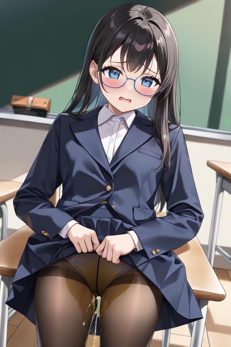 farcle3991661's tweet photo. パンストの優等生 ―教室で、また漏らしちゃう―

第1章　授業中の、熱い我慢
篠原葵は三列目の席に座っていた。紺のブレザーにプリーツスカート。そして今日も、黒いパンスト。
膀胱はすでに限界だった。授業開始から四十分、下腹部が重く熱く脈打つ。太ももを閉じても、パンストの内側だけがじわじわ湿っていく。
「……んっ」
隣の男子がちらりと見る。葵は慌ててノートに目を落とす。眼鏡の奥の青い瞳が潤んでいることには、誰も気づかない。
今立ち上がれば、スカートの下でパンストが薄く透け始めているのがバレる。我慢するしかない。
そう決めた瞬間、下腹部がきゅっと収縮した。

第2章　机の上で、糸を引く
自習の隙に立ち上がろうとして、腰を浮かせただけで熱いものが少し漏れた。パンストの股間が一気に熱を帯びる。
「……だめ」
机の上に座り込む。膝が自然と開いていく。黒いパンストに包まれた太ももが、机の上で光った。
次の収縮は意志を無視した。熱い飛沫がパンストの奥から噴き出し、繊維を伝って机に小さな水たまりを作る。黒い生地が濡れ、太ももの内側を伝っていく。
葵は机の端を握りしめ、唇を噛んだ。誰もいない教室で、滴る音だけが大きく聞こえる。パンストは完全に透け、白い肌の色が浮かび上がる。液体は机の端から床へ落ちた。

第3章　椅子に座ったまま、噴き出す
五時間目。濡れたスカートのまま席に着く。座るたびに冷たい湿り気が密着し、黒いパンストが重く擦れる。
下腹部がまた収縮する。両手を膝の上で握りしめても、出口は緩んでいく。
「……あっ」
熱いものが勢いよく噴き出した。パンストの股間から黄色い飛沫がスカートの裾を伝い、椅子の座面が濡れる。前を向いたまま、脚を閉じず、漏れ���に任せた。
ドクドクと脈打つように何度か強く噴き出したあと、細く長い流れになった。パンストが完全に濡れ、太もものラインがくっきり浮かぶ。誰も気づいていない。なのに呼吸は乱れていた。
恥ずかしい。なのに、奥が熱い。

第4章　振り返った先で、滴る
放課後、教室に一人残る。黒板の前で振り返るように腰を落とすと、スカートが持ち上がり、黒いパンストに包まれたお尻が露わになる。
もう我慢する気はなかった。腰を少し突き出し、力を抜く。
熱い液体がパンストの股間から勢いよく噴き出し、床に向かって弧を描く。生地がさらに濡れ、太ももから膝裏まで透明な筋を作る。肩越しに自分の股間を見下ろし、眼鏡の奥で目を細めた。
恥ずかしい顔のまま、何度も漏らす。流れが細くなっても、パンストの奥から滴りが止まらない。

第5章　立ったまま、最後まで
窓際に立ち、脚を少し開く。スカートの裾が揺れるたび、濡れた黒いパンストが冷たい空気に触れる。
もう限界を超えていた。力を入れる必要もなく、熱いものが自然と溢れる。パンストの股間から太い流れが床へと落ちていく。立ったまま脚を閉じずに漏らし続ける姿は、自分でも見たくないほど淫らだった。
眼鏡が曇り、黒髪が頬に張り付く。青い瞳が潤んだまま、小さく吐息を漏らす。
「……また、漏らしちゃった」
パンストは完全に透け、太ももも膝も濡れて光っている。葵はスカートの裾を摘まみ、濡れた生地に指先を当てた。熱い。恥ずかしい。なのに、まだ少し出そうで、動けなかった。

プロフィール
•  名前：篠原 葵（しのはら あおい）
•  年齢：18歳
•  誕生日：9月15日（おとめ座）
•  スリーサイズ：B86 / W57 / H85
•  性格：表向きは眼鏡をかけた真面目で大人しい優等生。口数が少なく、授業中もノートを取ることに集中しているタイプ。実際は極度に内気で、自分の身体や性的なことに対して強い羞恥心を持っている。その反面、抑えきれない欲求が溜まると理性が崩壊しやすく、特に「バレそうでバレない」状況に弱い。

性的な設定
•  オナニー頻度：ほぼ毎日（夜、一人になった後）。昼間は我慢するが、授業中にムラムラするとトイレに行くふりをして我慢できなくなることも。
•  経験人数：0人（処女）。恋愛経験もほぼなく、性知識はネットと妄想が中心。
•  好きな体位：正常位（相手の顔と表情が見えるのが好き。自分が恥ずかしい顔をしているのを見られるのも、実は興奮する）。
•  性癖：
•  おもらし・失禁（特に黒ストッキングを履いたまま）
•  教室・授業中などの公共の場での我慢プレイ
•  黒パンスト・タイツフェチ（破れる・濡れるのが好き）
•  羞恥・露出（誰かに見られそうな状況）
•  眼鏡をかけたままの行為

教室でストッキングを履いたまま漏らしているあの表情は、「本当は嫌なのに、体が勝手に反応してしまっている」状態を意図しています。真面目な性格と、抑えきれない性癖のギャップがこの子の核です。

作:grok
イラスト:Spell AI

#パンストお漏らし #AIイラスト