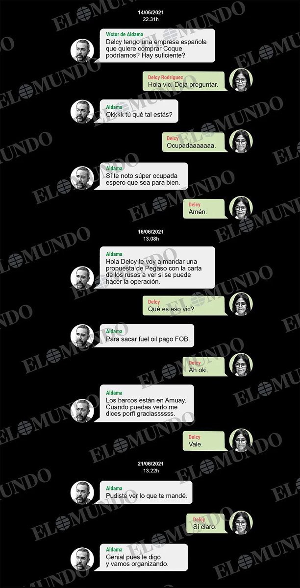 EmmaRincon's tweet photo. Las conversiones entre Delcy Rodríguez y Víctor Aldama para sacar el petróleo de Venezuela.

El PSOE de Pedro Sánchez en España es una sucursal del cartel criminal llamado PSUV en Venezuela. https://t.co/qBohy6OiNg