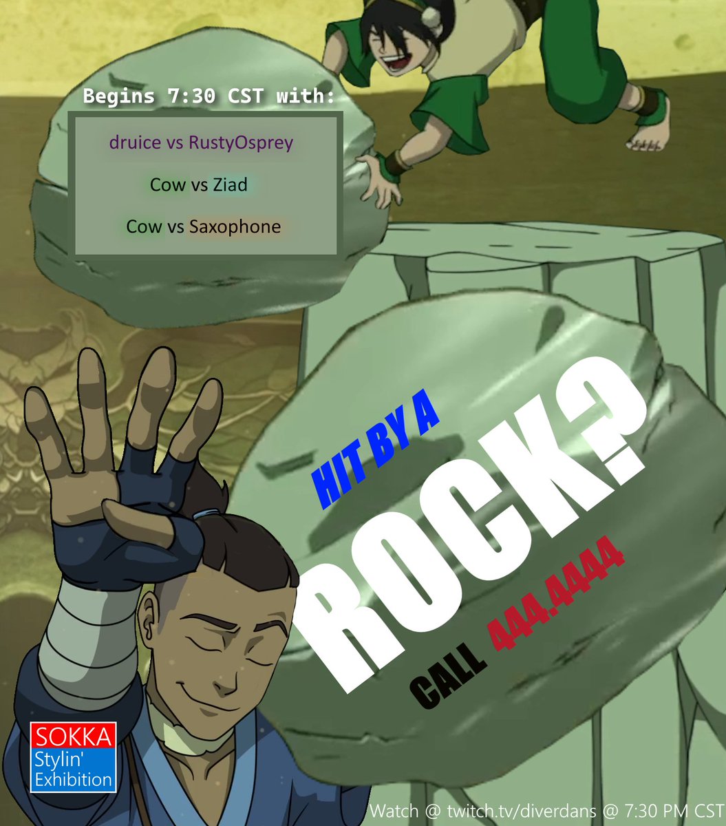TvDiverDans's tweet photo. Sokka Stylin Exhibitions #4 will be tomorrow at 7:30 PM CST! #avatarlegends
Opening with testers @druicecobain vs @RustyTheNerd1 π°
Second up is @igobycow vs @TheZiadGuy
Finale between π vs @Saxxiefone
Who will be tough enough to stop the rock??!?!?! https://t.co/pLHiNs67ko