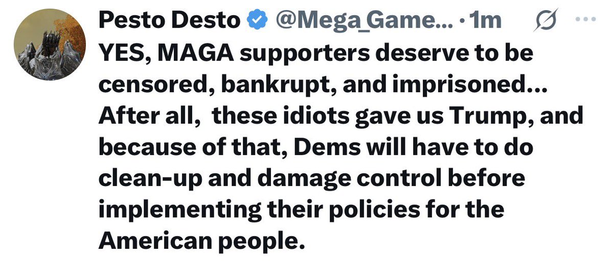ScottPresler's tweet photo. Democrats are telling us exactly how they feel about us: 

“YES, MAGA supporters deserve to be censored, bankrupt, and imprisoned...”

Not voting this November may have serious consequences. https://t.co/Q4RTeiFTza