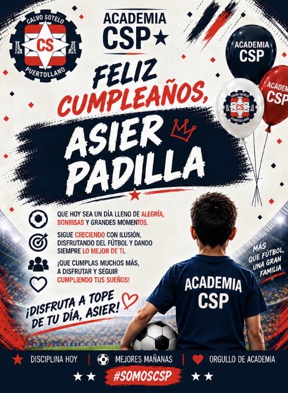 AcademiaCSP's tweet photo. 🎂⚽ ¡FELIZ CUMPLEAÑOS, ASIER PADILLA Y AITOR MARTÍNEZ! 🎉

Hoy celebramos a dos jugadores de nuestra familia CSP. 🔴🔵

❤️ Os deseamos un día lleno de alegría y un nuevo año cargado de sueños, aprendizajes, grandes momentos y muchos goles. https://t.co/hB5pVoRQb1