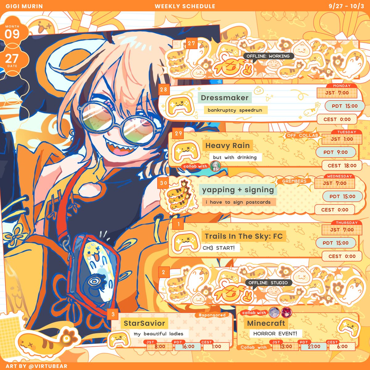 gigimurin's tweet photo. HERE IT IS!! MY NEW SCHEDULE GRAPHIC!! ONCE AGAIN BY THE AWESOME LOVELY @_hodusae 

sorry if I oversleep any of these streams 👍

✨✨✨ tags
LIVE: #LFGIGI
FAN: #gremurins
ART: #rkggk https://t.co/q6OYLJH3V3