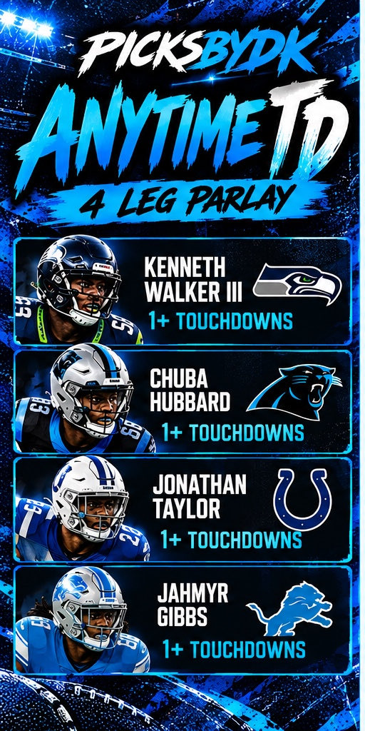 PicksByDk's tweet photo. 1️⃣ 4-Leg Anytime TD Parlay

Keeping it simple — just need each guy to find the end zone once. 🏈💰

Walker • Chuba • JT • Gibbs 🔥

@Playbook https://t.co/dvj6fc3E9u
