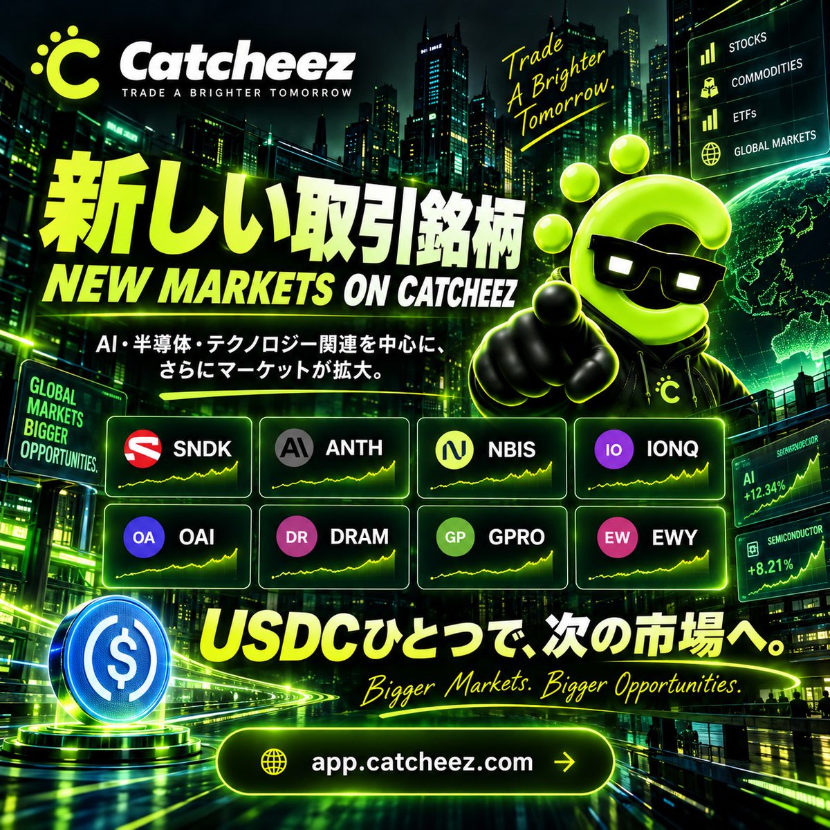 CATCHEEZ_'s tweet photo. 🚀 NEW MARKETS ON CATCHEEZ
新しい取引銘柄が追加。
SNDK / ANTH / NBIS / IONQ / OAI / DRAM / GPRO / EWY
AI・半導体・テクノロジー関連を中心に、さらにマーケットが拡大。
注目は OpenAI（OAI）とAnthropic（ANTH） ���️
IPO前の予測市場で取引できます。🔑
USDCひとつで、次の市場へ。
Bigger Markets. Bigger Opportunities.
Trade on CATCHEEZ
https://t.co/TtyJA1hPbk
#CATCHEEZ #Hyperliquid #OpenAI #Anthropic