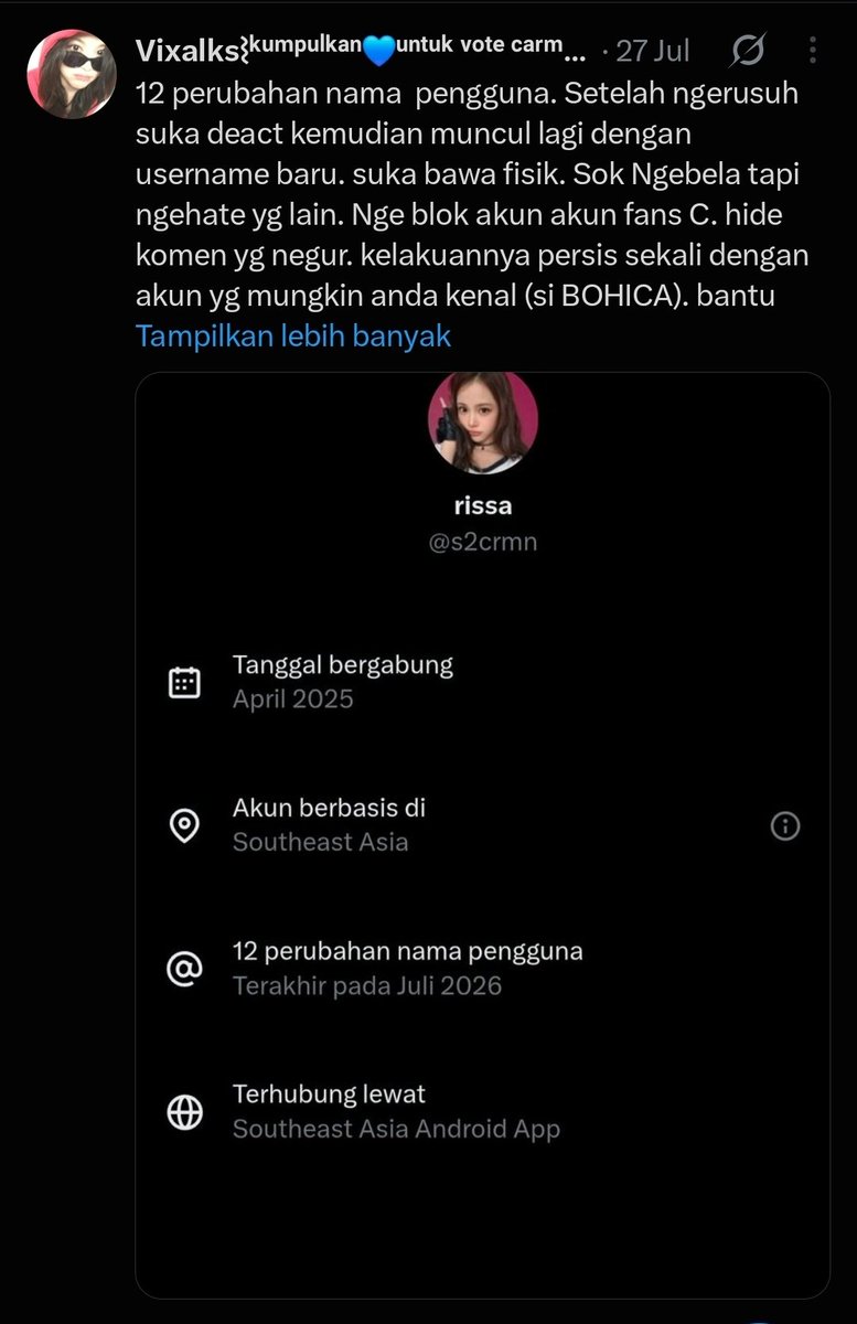 Vixalks_'s tweet photo. Si Risa Dengan agenda tanggal 27 nya tiap bulan.  Langsung RNB yah. Ini semua 1 akun cuma ganti ganti username aja. Liat sdh 17 kali https://t.co/6SfMRi3TBo