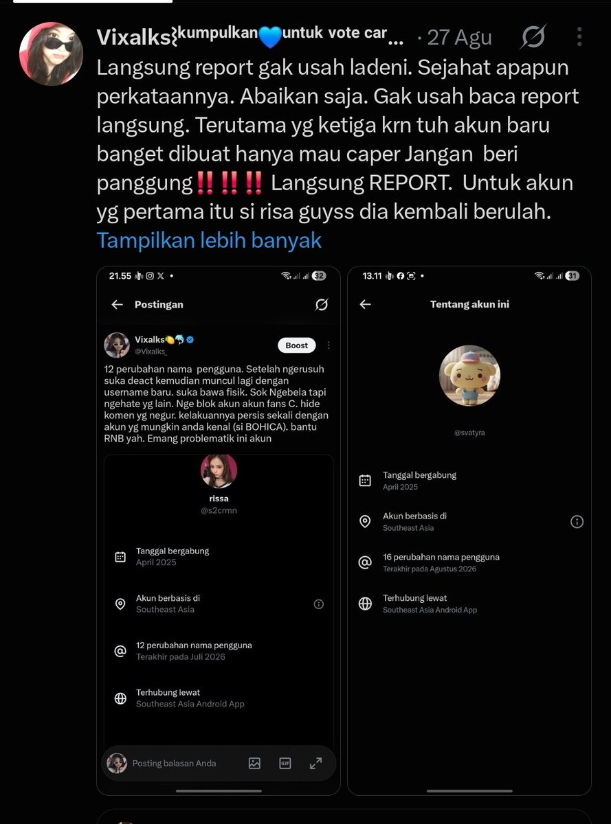 Vixalks_'s tweet photo. Si Risa Dengan agenda tanggal 27 nya tiap bulan.  Langsung RNB yah. Ini semua 1 akun cuma ganti ganti username aja. Liat sdh 17 kali https://t.co/6SfMRi3TBo