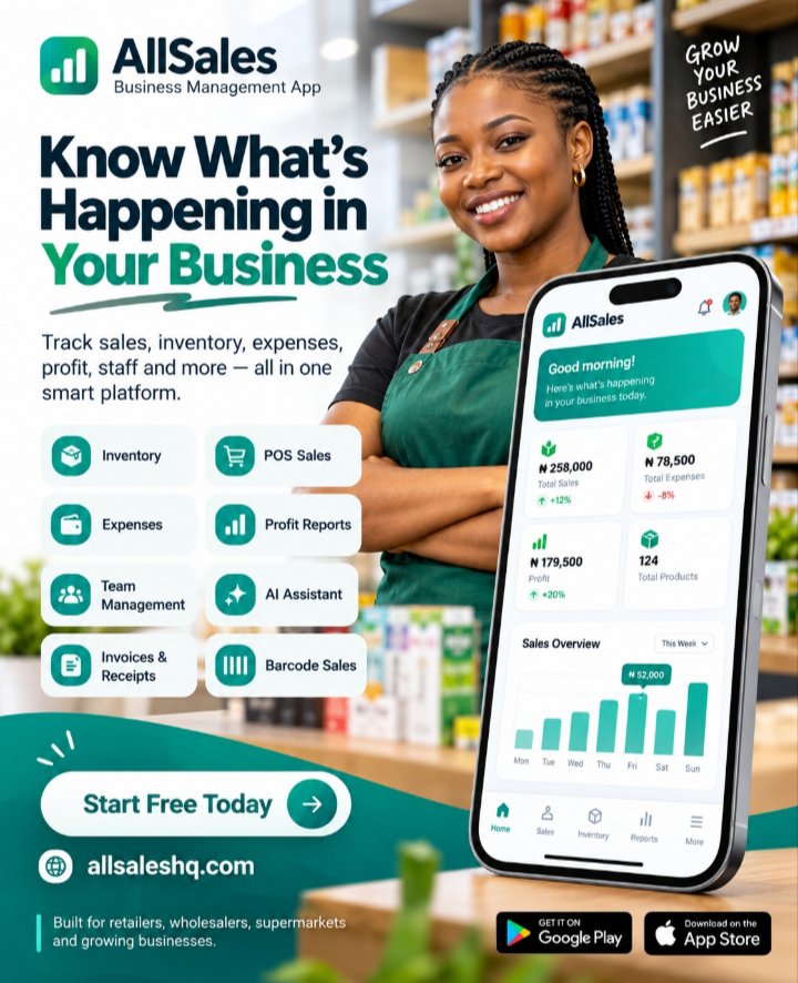 AllTech_Hub's tweet photo. Your business should not become clear only when the auditor arrives.

A business owner should be able to know:

✅ What was sold today
✅ What is left in stock
✅ Which products are making money
✅ How much was spent
✅ Who made each sale
✅ What is happening across warehouses or branches
✅ Whether the business is actually growing

That is the kind of visibility AllSales Business Management App is built to provide.

From inventory and POS sales to expenses, invoices, profit reports, staff management, barcode sales and AI-powered business insights - AllSales helps you stay connected to your business wherever you are.

No more running your business mainly from memory, notebooks, scattered WhatsApp messages or waiting until month-end before understanding the numbers.

📊 See it. Track it. Understand it. Act faster.

Built for retailers, wholesalers, supermarkets, distributors and growing businesses.

🚀 Start Free Today
🌐 https://t.co/LFWfnTcruV

AllSales - Know what is happening in your business.
