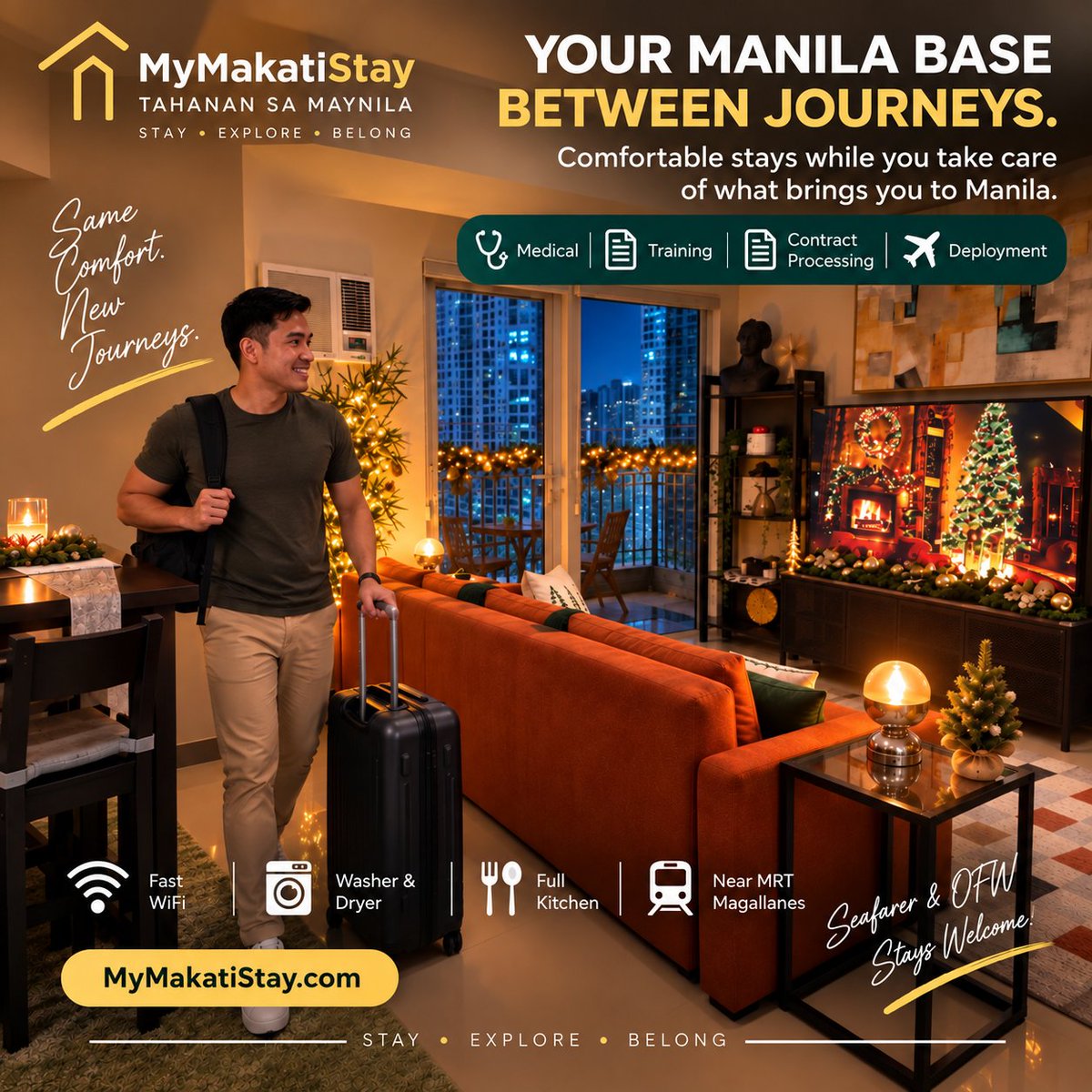 MakatiStay's tweet photo. Between journeys, make Manila feel a little more like home. Whether you’re here for medicals, training, contract processing, or deployment, settle into a comfortable Makati base with Fast WiFi, washer & dryer, full kitchen, and easy MRT access. 
⚓ Seafarer & OFW stays welcome. 
📍 Magallanes, Makati • Near MRT Magallanes

https://t.co/hLEeMIStsq 
https://t.co/FX1PuJBFxG