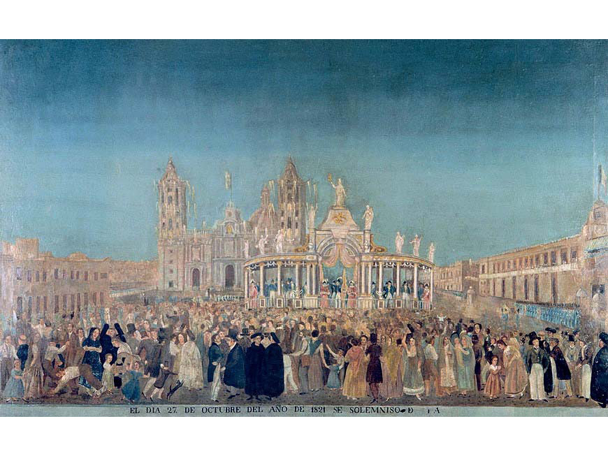 LizbethCaro07's tweet photo. Un día como hoy 27 de septiembre pero del año 1821, Este día, el mismo en que Iturbide cumplía treinta y ocho años y dieciséis mil hombres del ejército libertador. Iturbide, desde el balcón principal del palacio, dirige una arenga al pueblo mexicano. Su mensaje termina con estas palabras: "Ya sabéis el modo de ser libres. A vosotros os toca el de ser felices".
La ciudad de México es tomada pacíficamente por el Ejército Trigarante, La agonía del virreinato terminó sin gloria “trescientos años, un mes y seis días después de que Cortés plantara el pendón de Castilla y León sobre las ruinas humeantes del teocali de Tenochtitlan”. El Ejército Trigarante, dirigido por Iturbide y O'Donojú, instaló su cuartel general en la villa de Tacubaya, desde donde negoció la rendición de la Ciudad con Novella. Dirá Julio Zárate: "Hundíase la dominación española al estrépito de estos mezquinos altercados, y caía sin grandeza ese poder afirmado con trescientos años de mando absoluto".
Al día siguiente será instituida la Junta Provisional Gubernativa, compuesta por treinta y ocho personas, de acuerdo al Plan de Iguala y a los Tratados de Córdoba. Se integrará de personajes de diversas tendencias conservadoras: 7 eclesiásticos, 14 exfuncionarios virreinales, 9 nobles mexicanos, 5 militares, 2 comerciantes y 1 hacendado. Será encabezada  por Antonio Pérez Martínez y Robles, Obispo de Puebla de los Ángeles, como presidente y como vocales secretarios Juan José Espinosa de los Monteros y José Rafael Suárez Pereda. La Junta decretará el Acta de Independencia del Imperio Mexicano y nombrará una regencia integrada de la manera siguiente:
Primer Regente y Presidente Agustín de Iturbide
Segundo Regente Juan de O´ Donujú
Tercer Regente Manuel de la Bárcena
Cuarto Regente José Isidro Yáñez
Quinto Regente Manuel Velázquez de León.
El día 27 de octubre siguiente, todos los principales deberán prestar el siguiente juramento en la capital y durante el mes que sigue en todo el país:
“¿Reconocéis la soberanía de este imperio representada por la Junta Provisional Gubernativa? Sí reconozco. ¿Juráis obedecer sus decretos, observar las garantías proclamadas en Iguala por el ejército imperial mexicano con su primer jefe, los tratados celebrados en la villa de Córdoba, y desempeñar fielmente vuestro encargo en servicio de la nación? Sí juro. Si así lo hiciereis, Dios os ayude; y si no, os lo demande.”
El nuevo Imperio Mexicano nace con un territorio de cuatro millones, cuatrocientos mil kilómetros cuadrados y una población estimada en seis millones de habitantes, 98% analfabetas, sumida en la mayor desigualdad de América. De cada cien habitantes 60 eran indios, 22 castas y 18 españoles. Según Abad y Queipo el 68% de la población tenía un ingreso promedio anual de 50 pesos, el 22% hasta 300 pesos y el 10%% vivía con ingresos ilimitados. (Ibarra García Laura. El reclamo de justicia social en la historia de México).
Para Brian Hamnett (Historia de México) “El Plan de Iguala de Iturbide del 24 de febrero de 1821 proporcionó una plataforma para que se alineara tácticamente el amplio consenso de opinión en Nueva España favorable a la obtención de un estado mexicano distintivo dentro de la monarquía hispánica. El Ejército de las Tres Garantías de Iturbide (Independencia, Unión y Religión) entró en la ciudad de México el 27 de septiembre de 1821. El nuevo régimen pretendía conservar lo más posible del antiguo. En esencia, representaba un intento de recrear el poder central desde dentro de la elite de la capital, en alianza con una parte sustancial del ejército realista. El objeto era detener la rápida transferencia de poder a las regiones y las capas más bajas de la sociedad desde el restablecimiento de la Constitución de 1812. Puesto que el impulso de este movimiento provino de la elite, la finalidad autonomista (la realidad que había tras los objetivos aparentemente contradictorios de Independencia y Unión) claramente se derivaba de 1808. Se concibió una forma limitada de constitucionalismo, que podía garantizar la perpetuación de la elite en el poder en el ámbito nacional”.
Pocos meses después, Iturbide se hará proclamar emperador al ser declarados nulos por las Cortes españolas los Tratados de Córdoba, los cuales  preveían un gobierno monárquico constitucional moderado que asumiría Fernando VII, o alguno de los infantes españoles o un Borbón y que si ninguno aceptara, las Cortes mexicanas designarían un emperador.
Carlos Antonio Aguirre Rojas citando al sociólogo norteamericano Immanuel Wallerstein, señaló que “el problema es que lo que hubo a principios del Siglo XIX en México y un poco en toda América Latina, no fue una verdadera independencia [...]. No debemos llamarlo “independencia” ni “movimientos de independencia, sino que hubo una "descolonización". Se logró la independencia política formal, pues se rompió la dependencia respecto de España, pero se mantuvo la dependencia económica respecto de las potencias europeas y luego de Estados Unidos, la dependencia social, la dependencia geopolítica. [...] En el fondo somos un país muy dependiente en lo económico, en lo social, en lo político, en lo geopolítico. [...] Descolonizados más que independientes. Dependientes porque las estructuras económicas no se modifican tan fácilmente.”