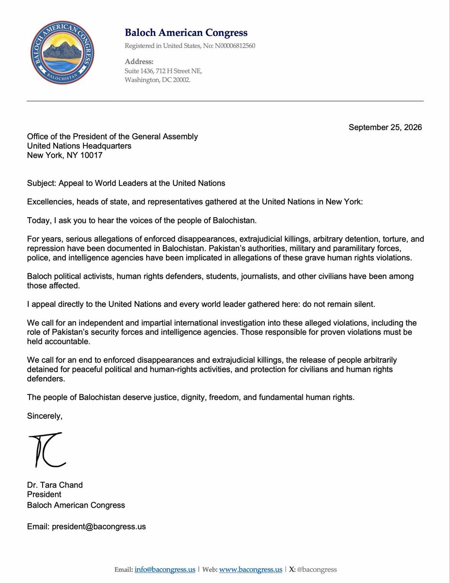 NadirBaloch1s's tweet photo. The Baloch American Congress (BAC) has written a letter addressed to the United Nations and world leaders gathered in New York, drawing the world’s attention to the grave human rights situation in Balochistan۔ https://t.co/WfcEcbcSb3