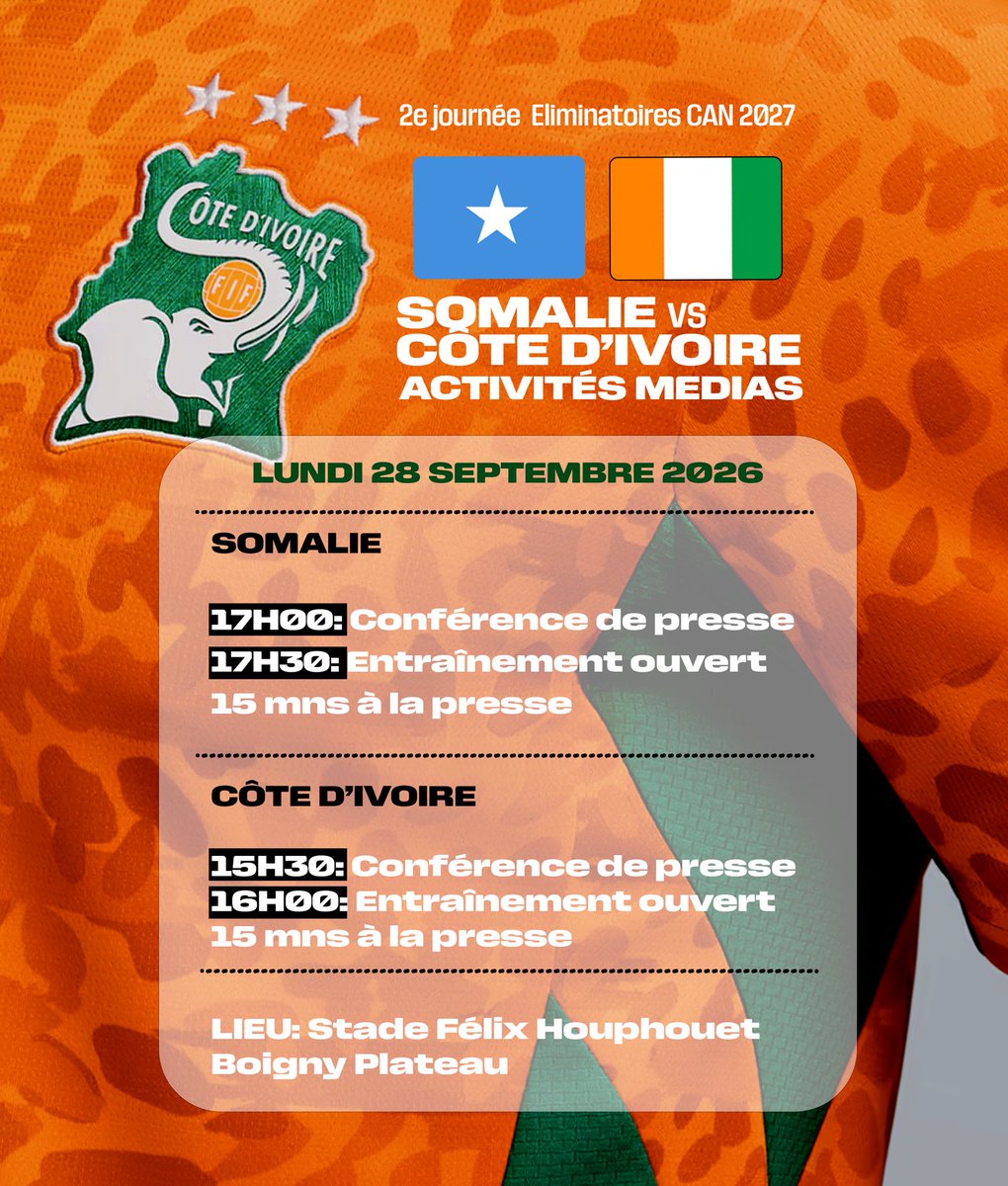 equipenatciv's tweet photo. Somalie Vs Côte d’Ivoire 
Activités médias 

#ÉliminatoiresCAN2027 https://t.co/BpaNcBJR2n