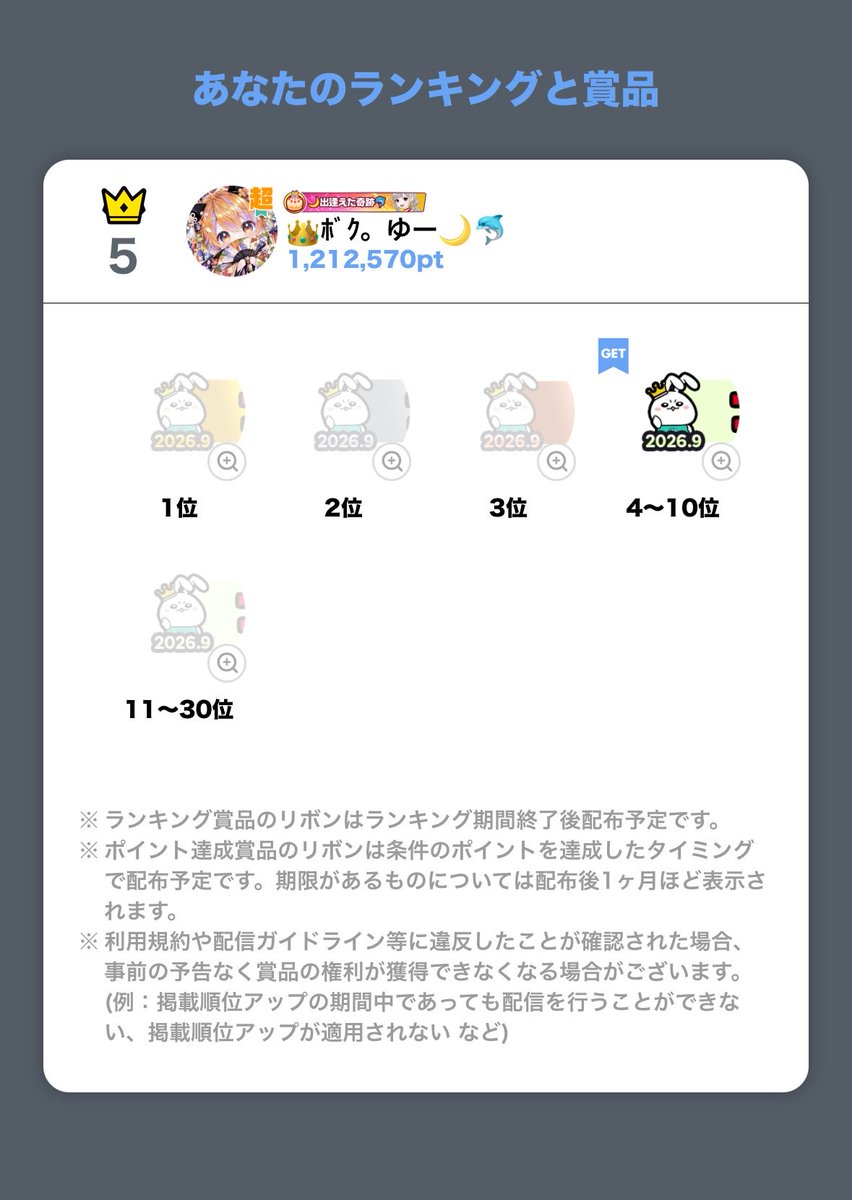 S_rate14111's tweet photo. 【👑今月の ガチ ランキング🌙】
9.21〜9.27開催✨️
ブロスタ配信者RK完走✨️

結果
5位🌟

TOP10リボン🎀獲得‼️

企画
抽選は後日行います‼️

応援ありがとうございました‼️

#ミラティブ #ブロスタ
#ランキング #推し不在 https://t.co/Xc4nH0Mbsz