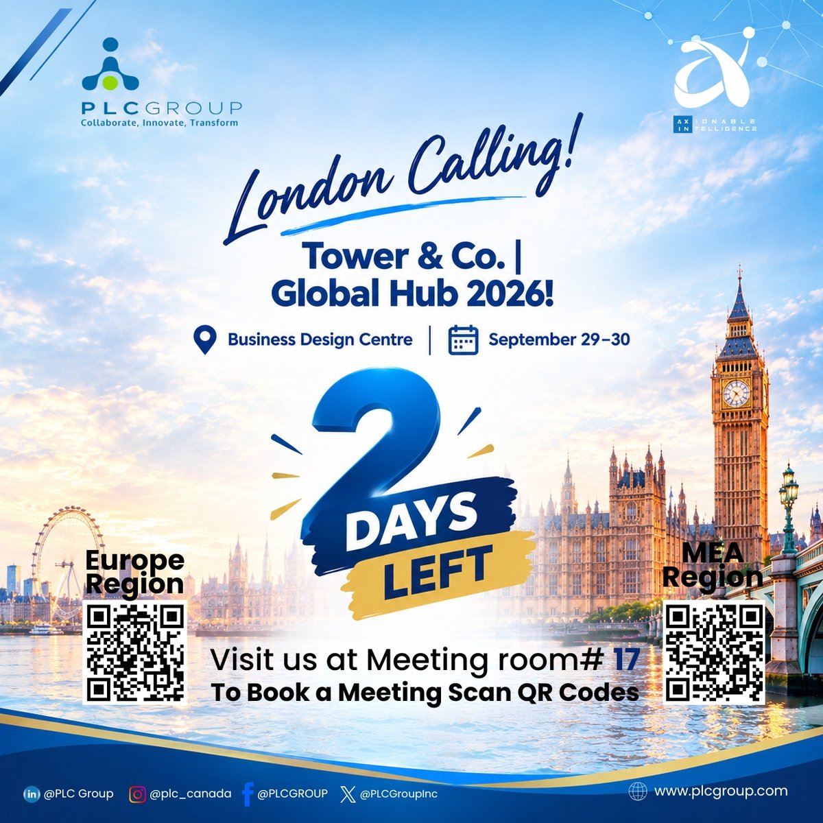 PLCGroupInc's tweet photo. โณ 2 DAYS TO GO! PLC Group is heading to #TowerAndCo2026 in London!
๐ Business Design Centre ๐
Sept 29โ30
๐ Meeting Room #17 Discover how AxInโข turns network data into #actionableintelligence.
Book your 1-on-1 meeting ASAP!
#Plcgroup #AxIn #TowerCo #Dataintoprofit https://t.co/2ZyCbMTC09