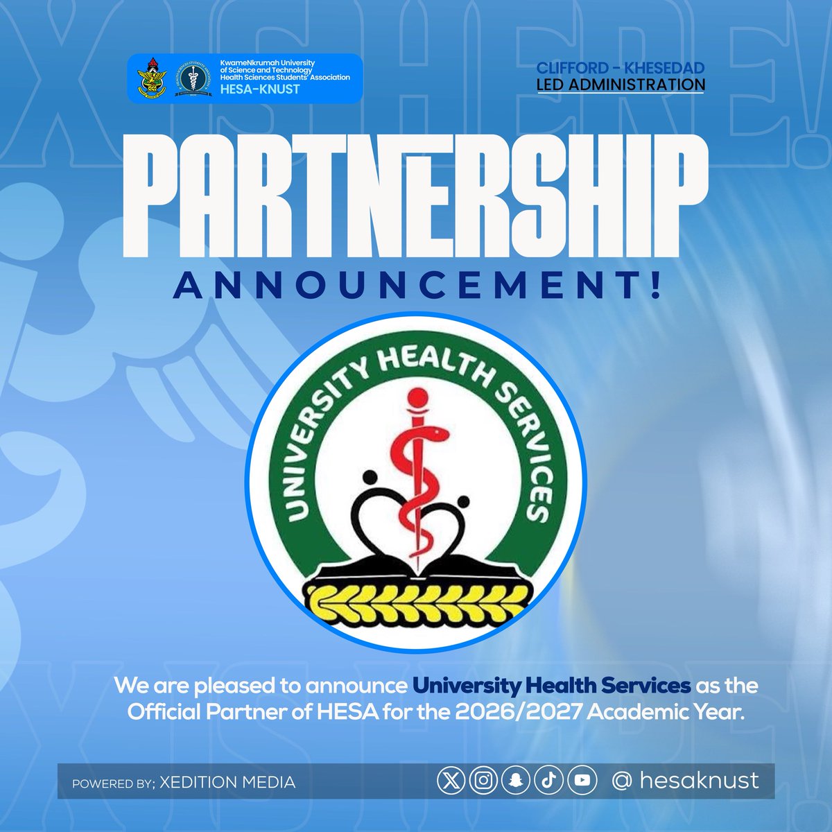 hesaknust's tweet photo. The 10th HESA administration is pleased to announce University Health Services (UHS) as the Official Partner of HESA for the next Academic Year.
This partnership will unlock more student opportunities, practical health education, health campaigns and impactful initiatives. https://t.co/H59ZYPn7RU