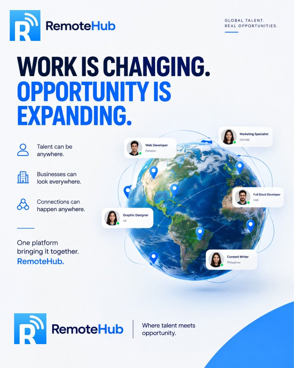remotehub_com's tweet photo. Work is changing. And so is the way opportunities are found. 🌎

Talent can be anywhere. Businesses can look everywhere. Connections can happen anywhere.

RemoteHub brings it together in one professional ecosystem.

Where talent meets opportunity. 🚀

#RemoteHub #FutureOfWork https://t.co/9XBxT3C3TQ