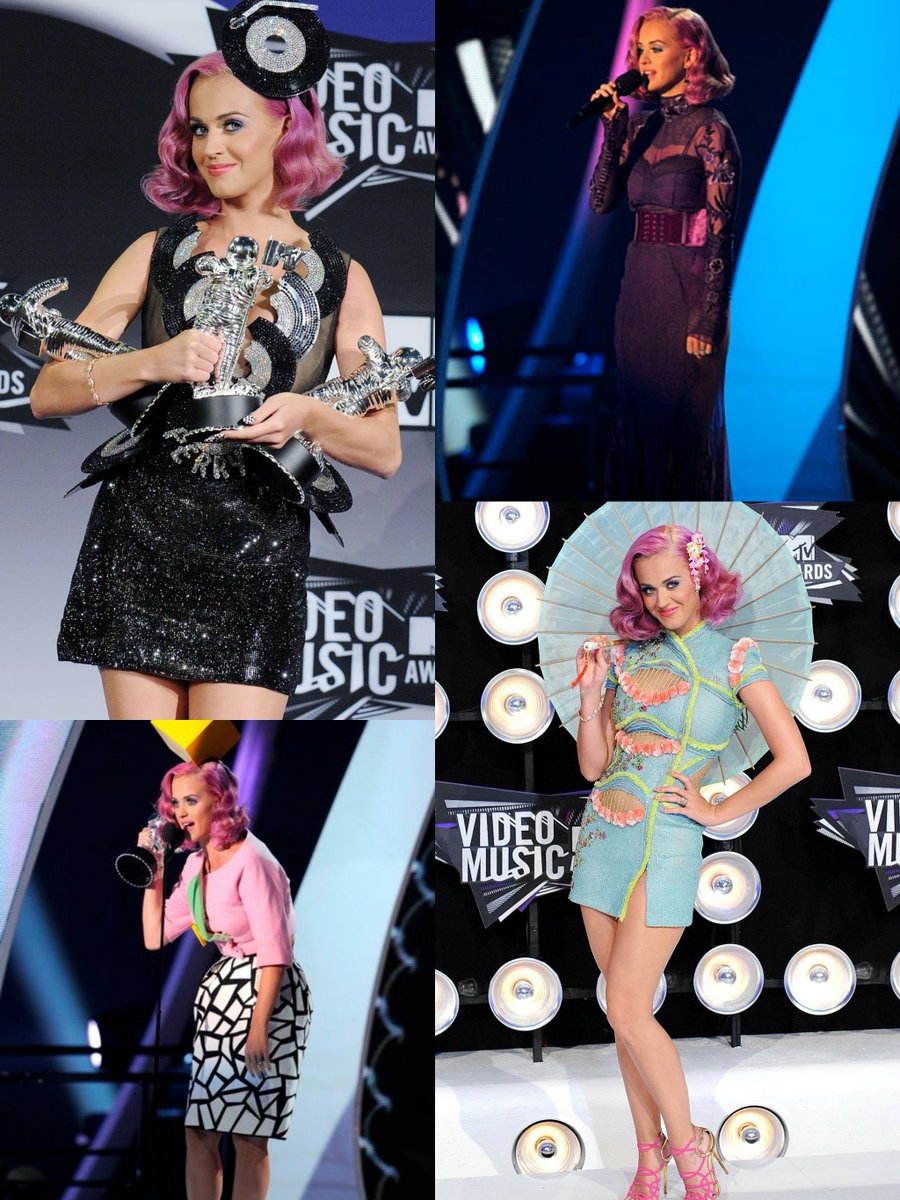 TheWitnessedBoy's tweet photo. Katy was on a mission that night fr😭 showed up with the most fluorescent hair the industry has ever seen, bagged 3 moon-men including the biggest of the night, served FOUR looks and shaded Kanye straight to his face defending Taylor. HERstory! https://t.co/siBXsYclGm