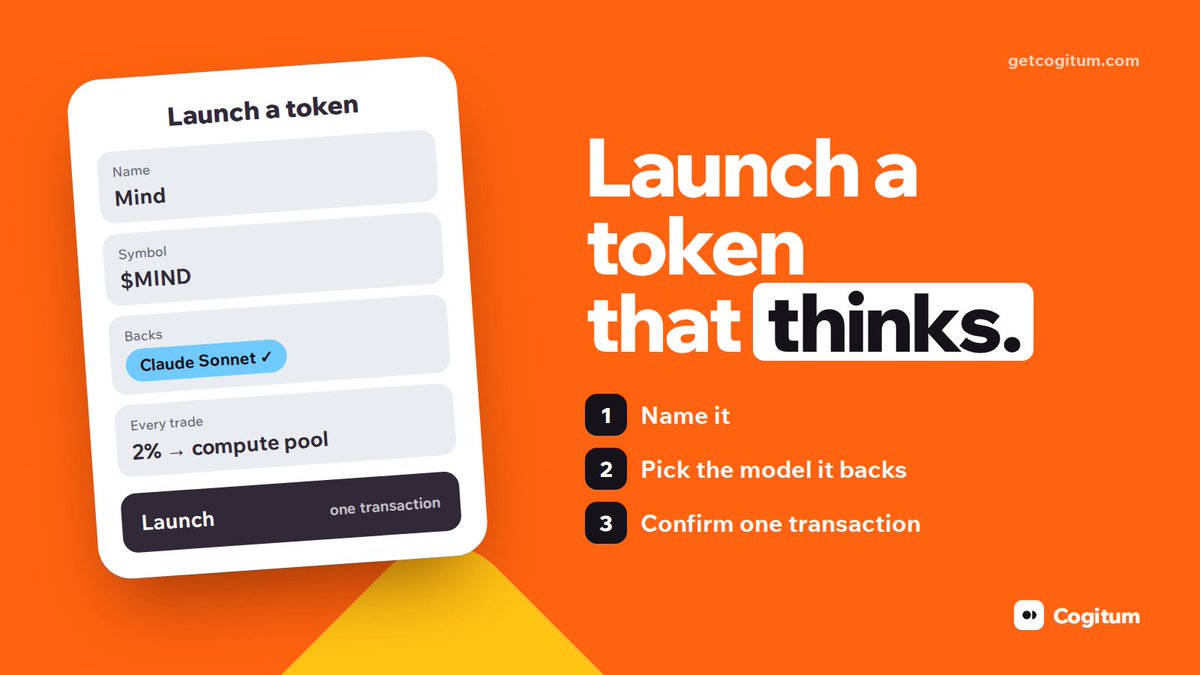 GetCogitum's tweet photo. Launch a token that thinks

Name it, pick the model it backs, confirm one transaction. The curve, the agent and its persona go live together

https://t.co/OO3oj13Av4 https://t.co/YlaobPjTnE