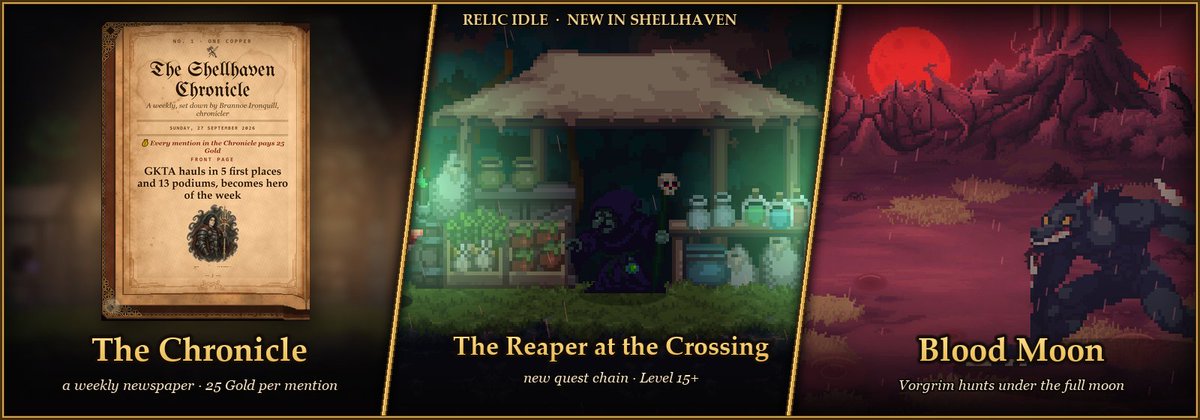 runiverseIdle's tweet photo. New in Relic Idle 🔥
Play free 👉 https://t.co/zNijJYChee
📰 The Chronicle — a weekly newspaper about you. 
🧙 The Reaper at the Crossing — new quest chain (Lv 15+)
🌕 Blood Moon — Vorgrim hunts every full moon. Next: Oct 25 https://t.co/PBrJ8nWt34