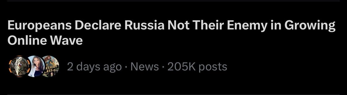 ArchRu26's tweet photo. More than 200,000 posts about Europeans declaring Russia is not the enemy! Insane!

The enemy is the globalist western governments that will do everything to go war against Russia. 

Russia is not the enemy 🇷🇺🤍💙❤️ https://t.co/fHSaXJLZ9o