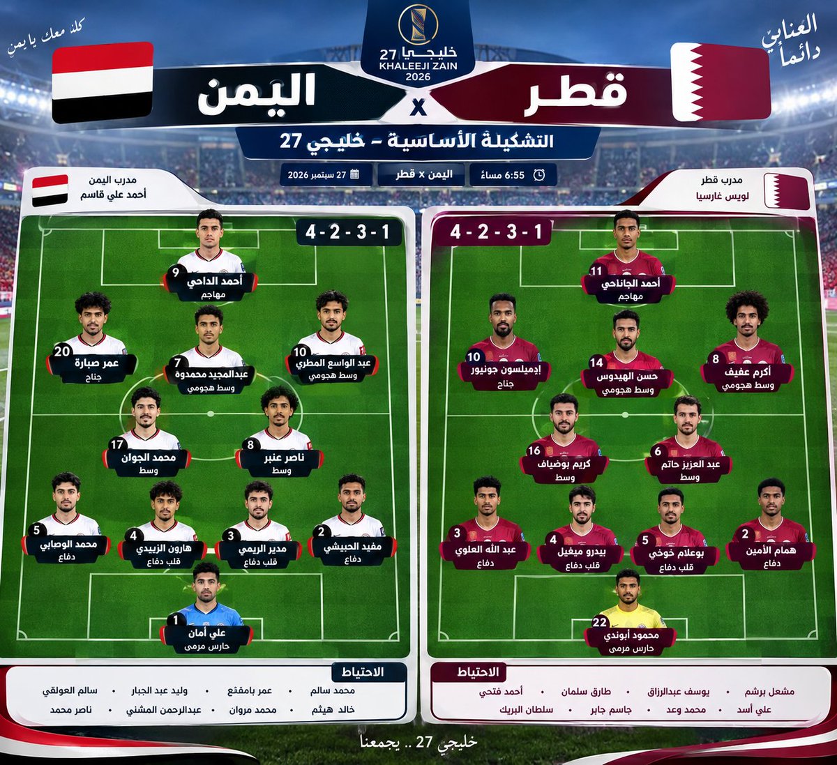 0vtmr's tweet photo. 🇾🇪🔥 التشكيلة الرسمية لليمن أمام قطر 🇶🇦
⚔️ جاهزين للمعركة.. والموعد داخل الملعب!
🏆 خليجي 27 https://t.co/CLqRxwo359