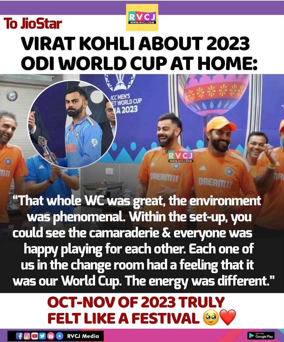 RVCJ_Sports's tweet photo. Virat Kohli looks back at the magical atmosphere of the 2023 Home World Cup.
The dressing room bond and nationwide support made October and November feel like a massive cricket festival.
Unforgettable memories from a brilliant campaign!
#ViratKohli #CWC2023 #TeamIndia #Cricket https://t.co/KCwr6r3H4w