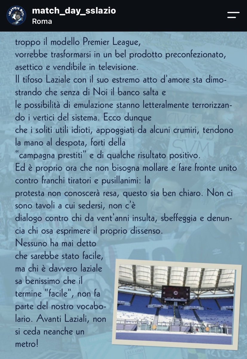 IoNascoQui's tweet photo. Arriva un altro comunicato del tifo organizzato che ribadisce con fermezza la propria posizione e dissipa ogni dubbio a chi dall’esterno dell’ambiente Lazio si augura un riavvicinamento visti i risultati https://t.co/gmpcqObEqB