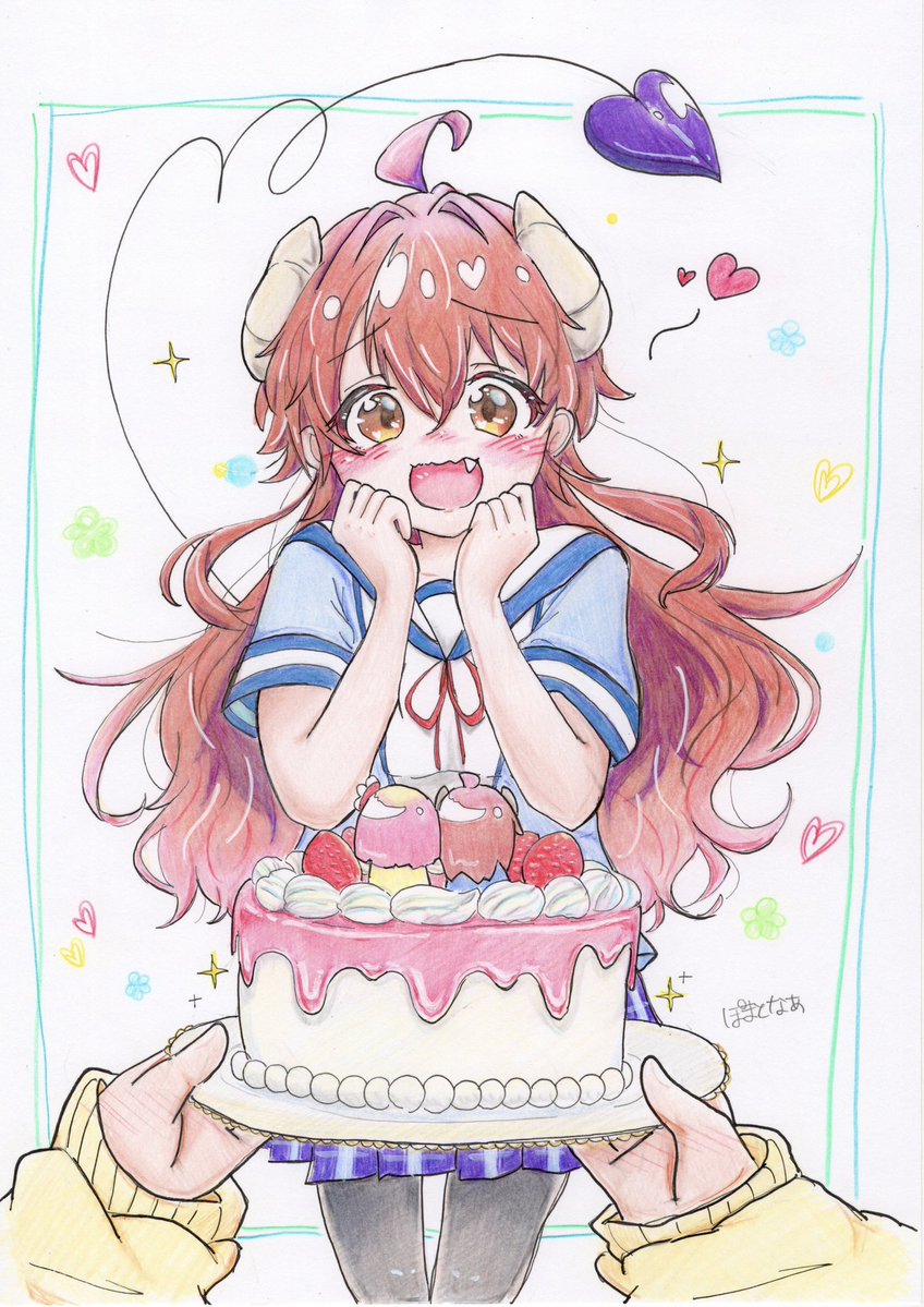 pomarumayu's tweet photo. 『シャミ子… 、はい誕生日おめでとう🎂』

#吉田優子生誕祭2026
#シャミ子生誕祭2026
#まちカドまぞく
#色鉛筆　#アナログイラスト https://t.co/Hxr1AIPnPU