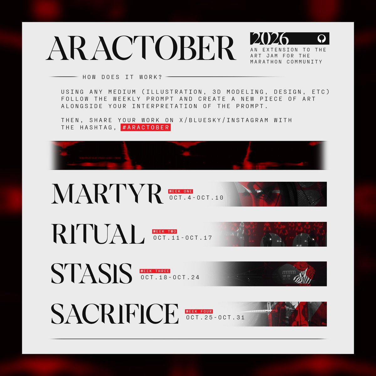Caaandor's tweet photo. [ SEKITEMBER EXTENSION 1: ARACTOBER ] 🕷️🩸

Four weeks, four prompts. Let's get spooky. 

For each week, post your piece relating to the prompt in the specified window. We welcome any and all mediums, and emphasize our friends over in Instagram, Bluesky, Discord, any social media really, to join us too! 

#MarathonTheGame #aractober