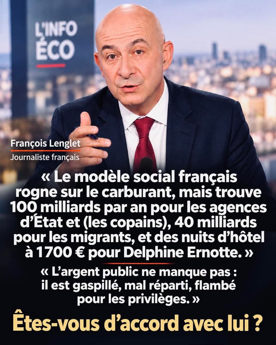 ThomasPretti91's tweet photo. 🇫🇷 François Lenglet met les pieds dans le plat:
Le modèle social français rogne sur le carburant, mais trouve toujours de l’argent pour les copains, les agences d’État, les migrants et les hôtels de luxe à la nuit.
L’argent public ne manque pas, il est flambé pour les privilèges. https://t.co/EHlfU7LjIS