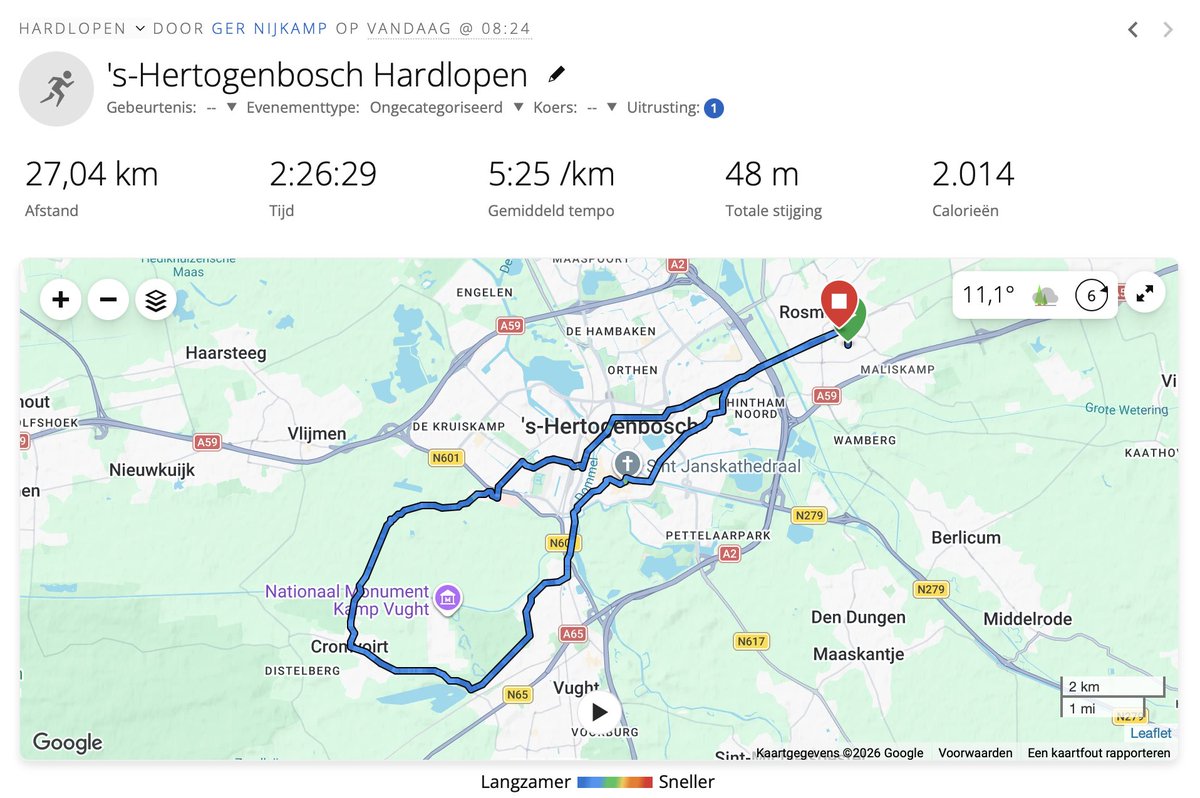 gernijkamp's tweet photo. Ook deze zondag 27 kilometer #hardlopen achter de kiezen 🏃🏻‍♂️ Alleen nu op steady basistempo 5:25 min/km ⏱️ Ging vlekkeloos..! 😃 Weer beetje vertrouwen in Amsterdam Marathon over twee weken... 😄 #rosmalen #vught #cromvoirt #denbosch https://t.co/qZlZQ4HWl5