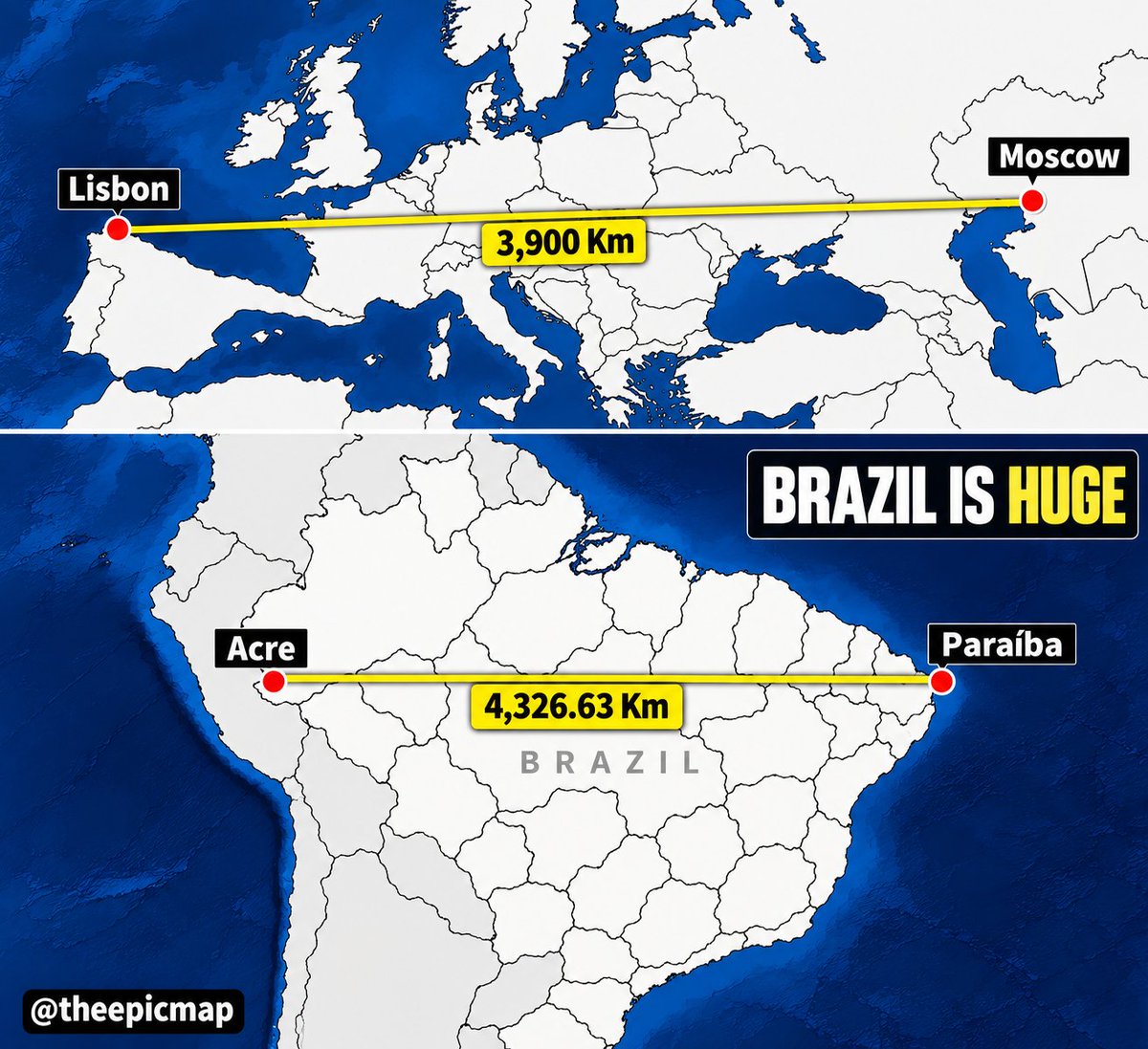 theepicmap's tweet photo. Brazil is so huge https://t.co/NlETBaI7KY