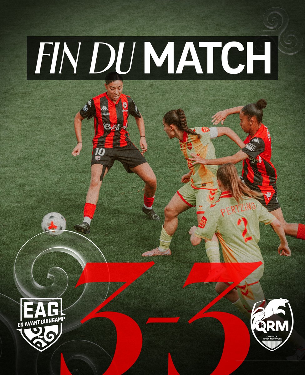 EAG_feminines's tweet photo. 🔚 Menées de trois buts à la pause, nos Guingampaises ont parfaitement réagi pour revenir dans la partie et passer tout près de la victoire.

Elles doivent finalement se contenter du nul.

⚽ : Kady Coulibaly (x2) &amp; Romane Colin

#EAGQRM #EnAvant #WarRaok https://t.co/FLYJZsTnxV