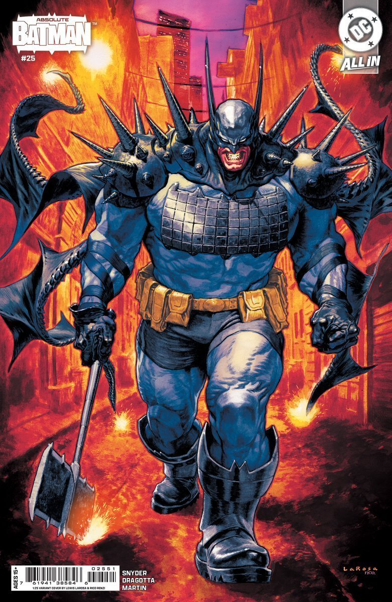 Ssnyder1835's tweet photo. Pre-order ABSOLUTE BATMAN #25 before FOC MONDAY!

This is the end of our latest story arc and the biggest issue yet from me and Nick Dragotta!

1:25 Incentive Cover by @lewislarosa and Rico Renzi https://t.co/53TF3erVCv
