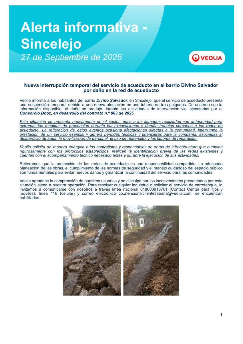 VeoliaSabana's tweet photo. #AlertaVeolia Sincelejo: Servicio suspendido temporalmente en Divino Salvador por daño en red de acueducto ocasionado por terceros en obras viales.  Carrotanques: 018000918761 / 116 https://t.co/RIBbUpB780
