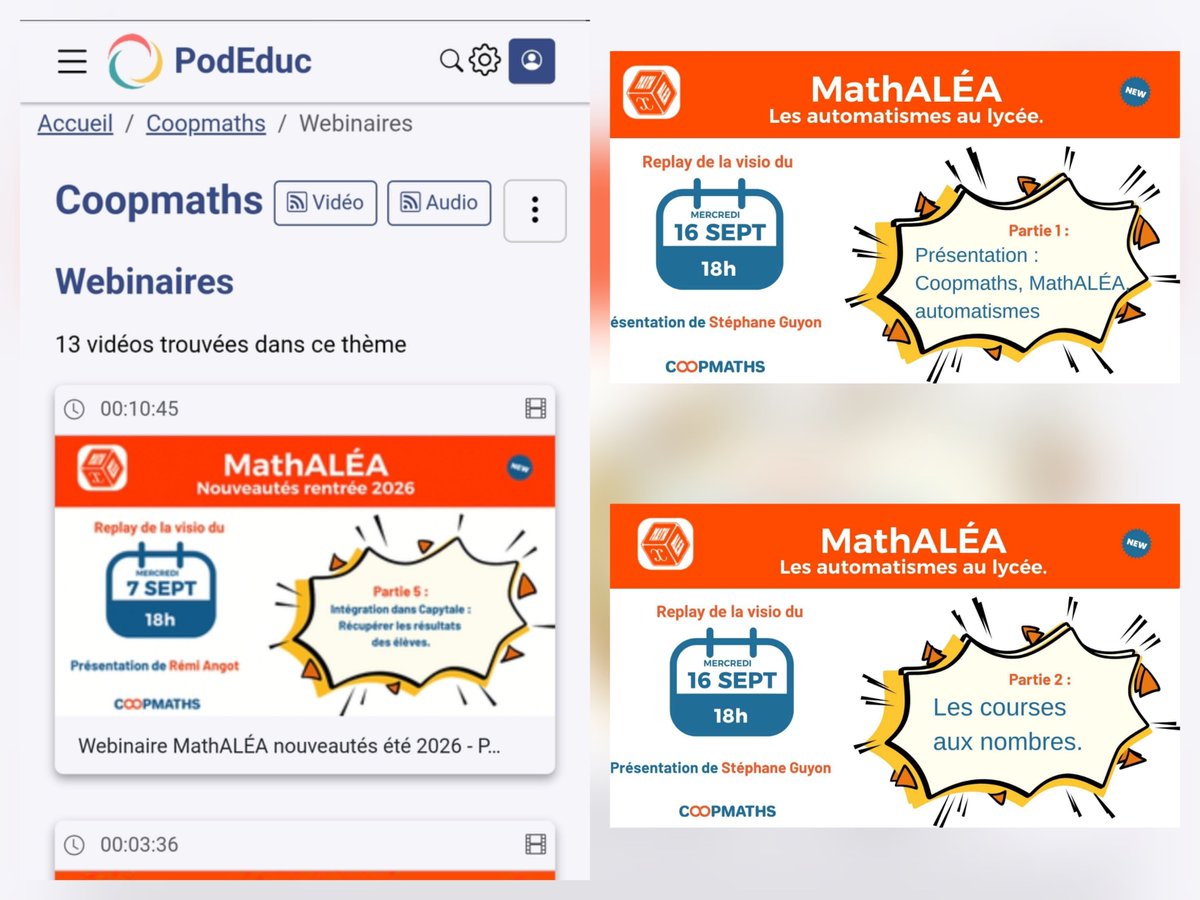 CoopMaths_fr's tweet photo. Vous n'avez pas pu suivre le webinaire de rentrée sur les automatismes au lycée ?

Retrouvez l'enregistrement, divisé en 5 chapitres, sur notre chaîne PodEduc 👇
https://t.co/nO87VPmkyv

#automatismes #lycée #CAN #Capytale #EAM https://t.co/gyJgJ0MHVs