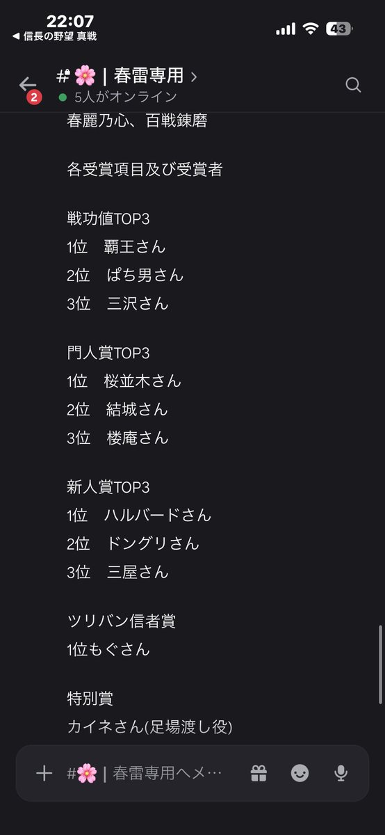 Haruura_shinsen's tweet photo. 風雲再起　〜乱世の争い〜

9鯖の春麗之心は同盟一門である伏雷さんと共同開催しました！
セクションAで互いの功績を称え合い、セクションBでは熱戦が繰り広げられました！

ご協力下さった伏雷の皆様、並びに報酬小判を用意下さる運営様本当にありがとうございました！

#信長の野望真戦
#乱世の争い https://t.co/PtawhiPJ7O