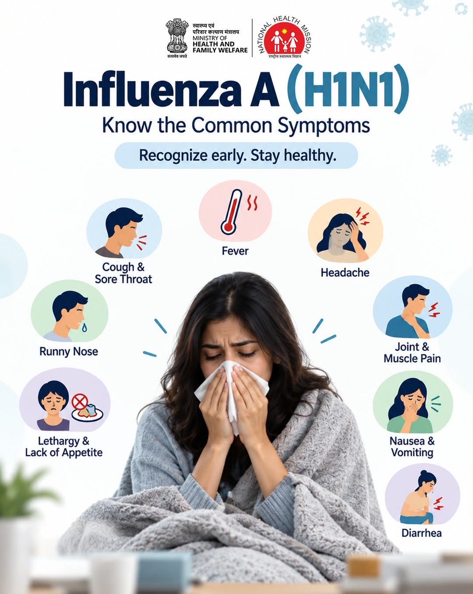 MoHFW_INDIA's tweet photo. Influenza A (H1N1) can often be managed with rest, adequate fluids and appropriate care. Recognising common symptoms early and taking simple precautions can help protect you and those around you.

Consult a physician or visit the nearest government health facility if symptoms persist, worsen, or occur in young children, older adults or people with underlying health conditions. Staying informed and following preventive measures can help ensure timely care and recovery.

#HealthForAll