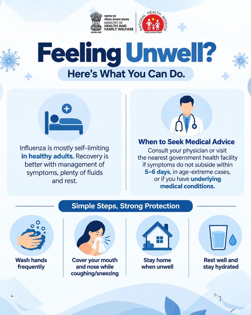 MoHFW_INDIA's tweet photo. Influenza A (H1N1) can often be managed with rest, adequate fluids and appropriate care. Recognising common symptoms early and taking simple precautions can help protect you and those around you.

Consult a physician or visit the nearest government health facility if symptoms persist, worsen, or occur in young children, older adults or people with underlying health conditions. Staying informed and following preventive measures can help ensure timely care and recovery.

#HealthForAll
