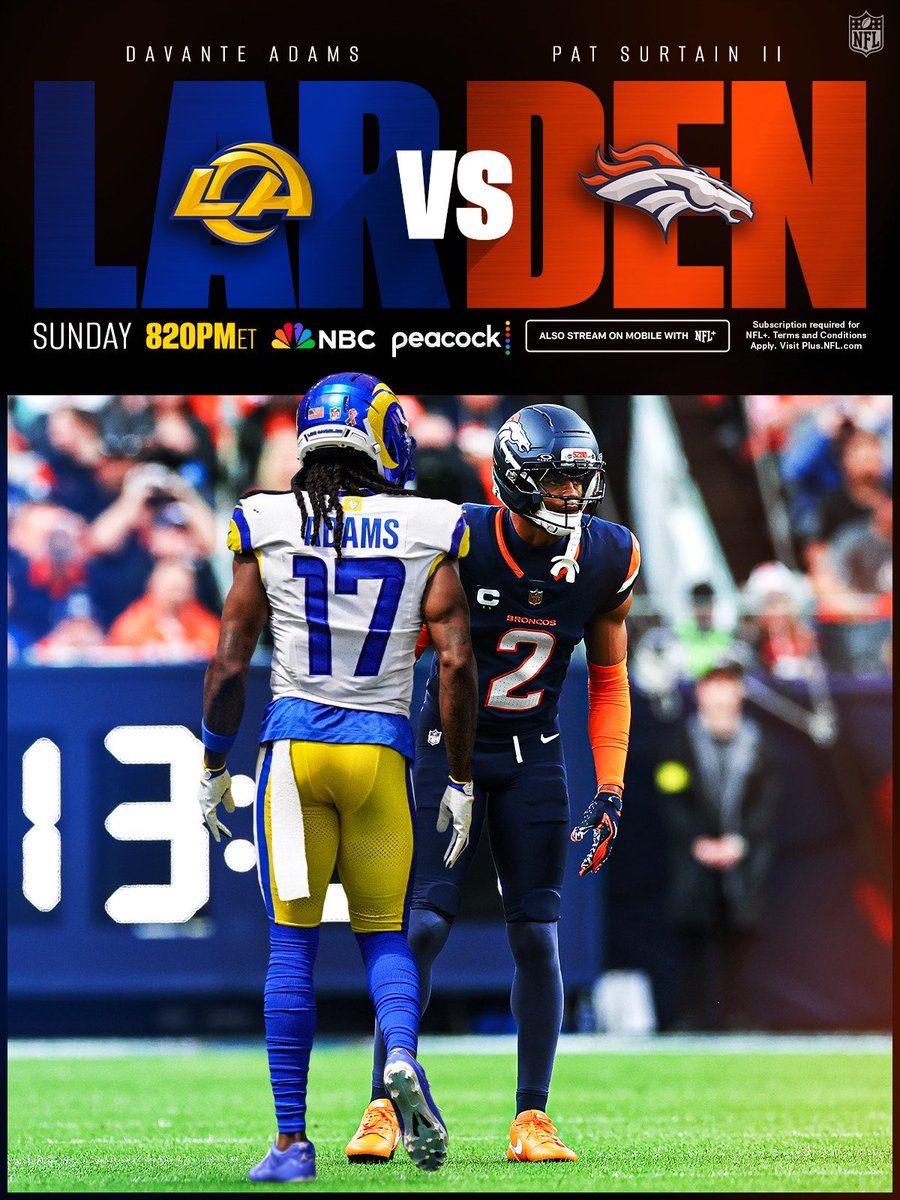 Keep your eyes out for this matchup on SNF 👀

@​LARvsDEN on NBC/Peacock
Stream on @​NFLPlus 
 [📷](https://pbs.twimg.com/media/HTO6z5GWgAA59gO.jpg) https://pbs