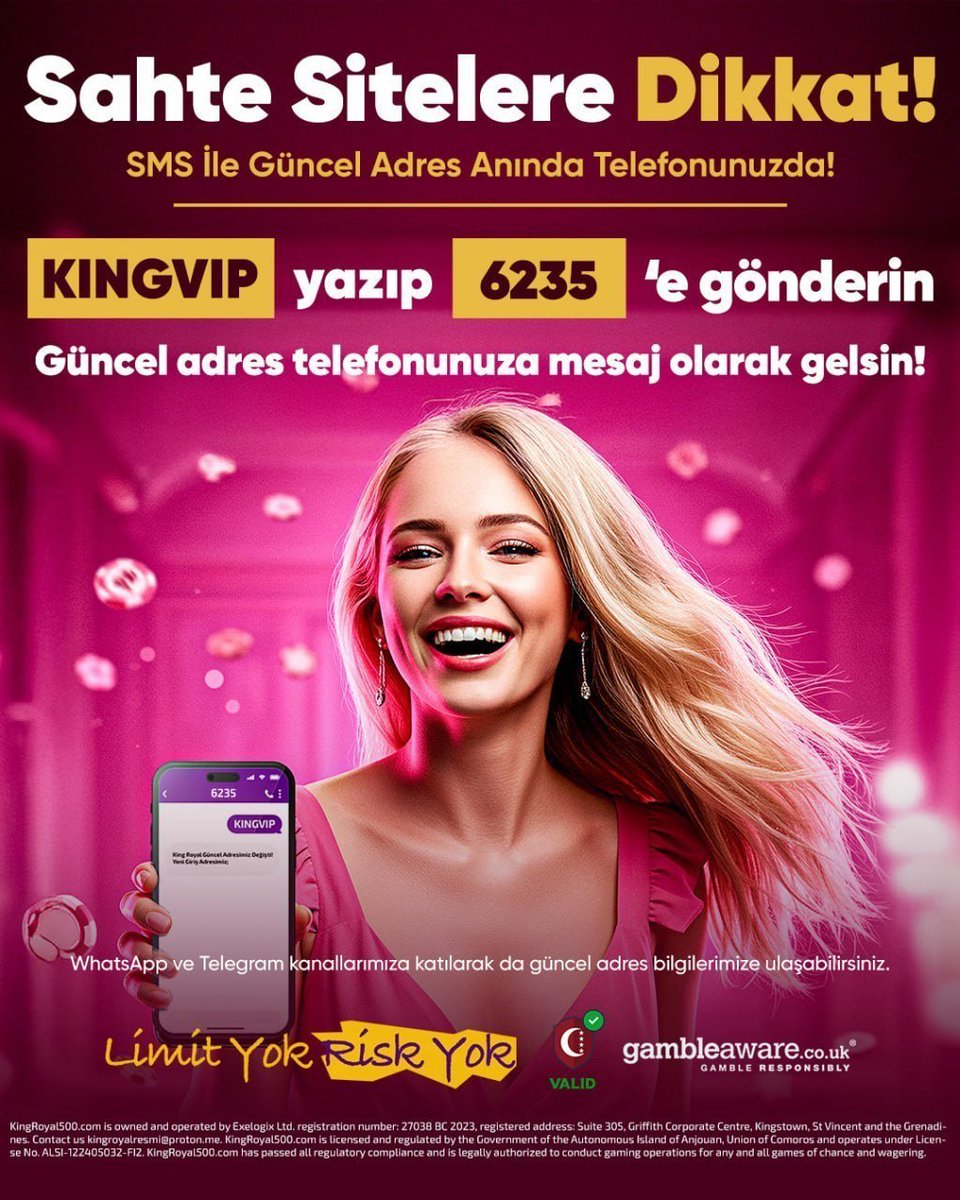 catikkaslilar's tweet photo. SAHTE SİTELERE DİKKAT!

#Kingroyal'de güvenli giriş artık bir SMS uzağınızda!
-KINGVIP yazıp 6235’e gönder.
-Güncel adres anında telefonuna gelsin.

Güncel giriş yorumda! https://t.co/0kAvxCu9ND