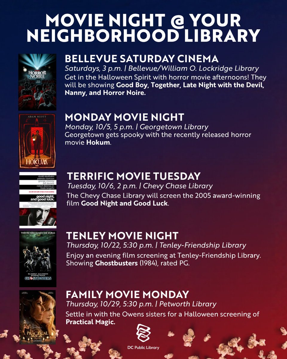 dcpl's tweet photo. Your neighborhood library is also your neighborhood movie theater. 🎬 Our libraries host movie nights throughout the year, from new releases to classics and everything in between. Check out what’s screening at a library near you and make it a movie night. https://t.co/61o8cFO0Qd