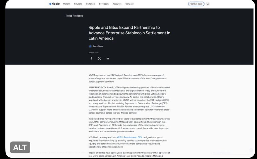 callbeyondbroke's tweet photo. Ripple partnered with Bitso to bring MXNB, a peso-backed stablecoin, into its payments network. That's settlement money for the Mexican peso corridor running through infrastructure Ripple and Bitso built together. https://t.co/OxVLiTXvcV