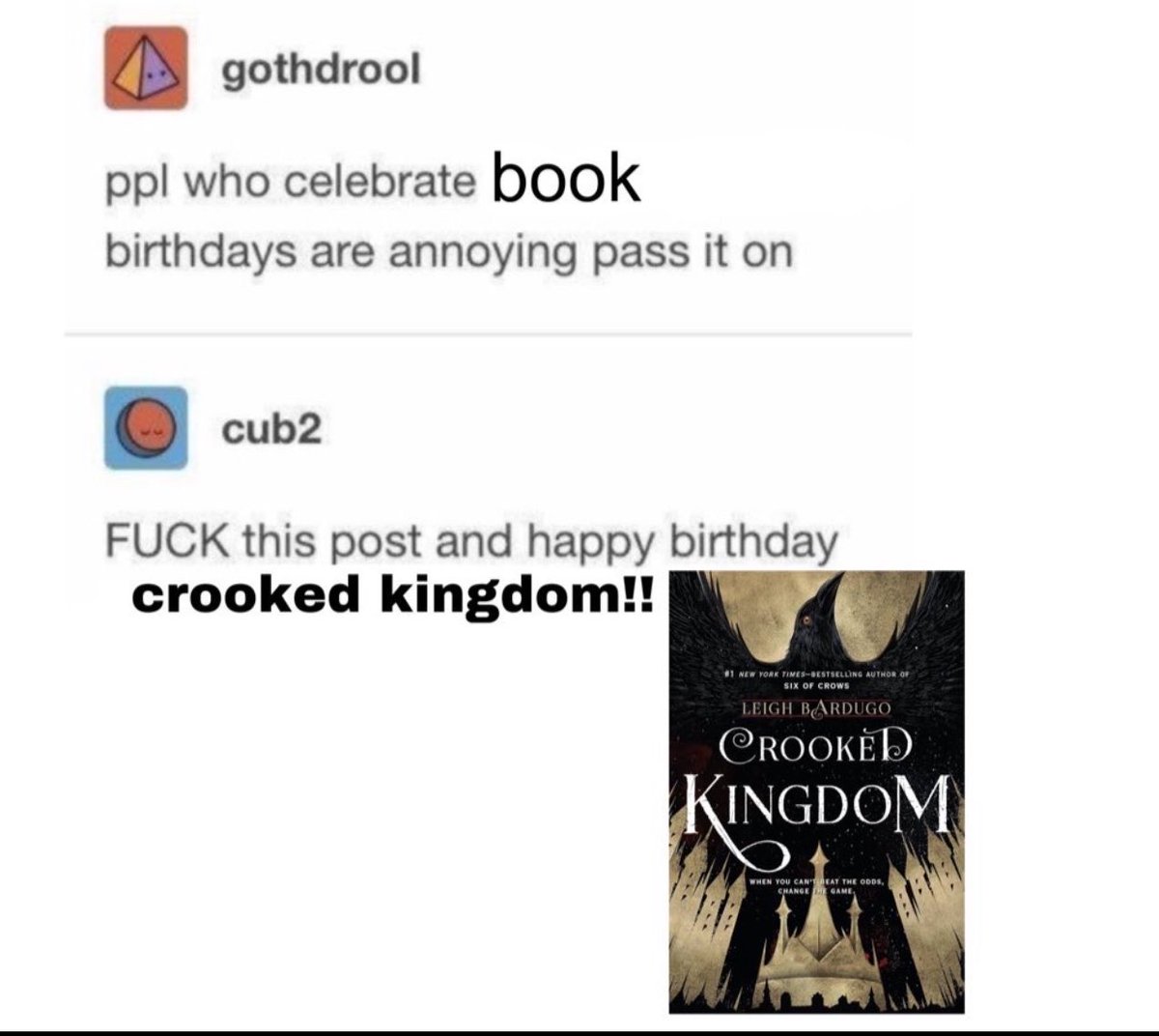 ghafaera's tweet photo. happy 10th birthday crooked kingdom! https://t.co/eTWCRbbbeN