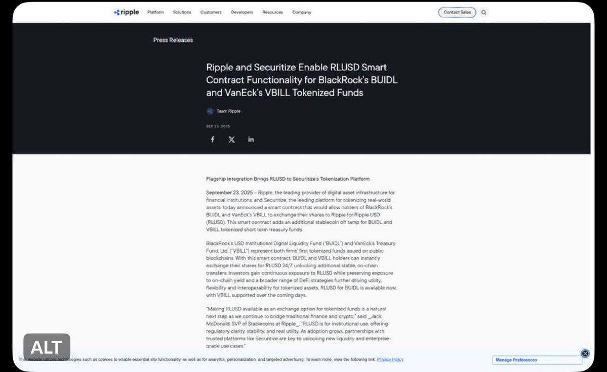 callbeyondbroke's tweet photo. Ripple and Securitize enabled RLUSD smart contract functionality for BlackRock's BUIDL and VanEck's VBILL tokenized funds. Two of the largest tokenized fund issuers can now settle through Ripple's stablecoin infrastructure. https://t.co/pJtcRPRzcJ